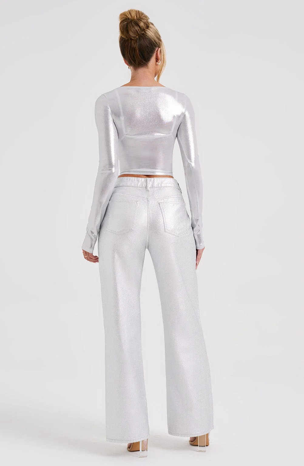 Silver Metallic Semi Sheer Jersey Kyranni Cropped Top