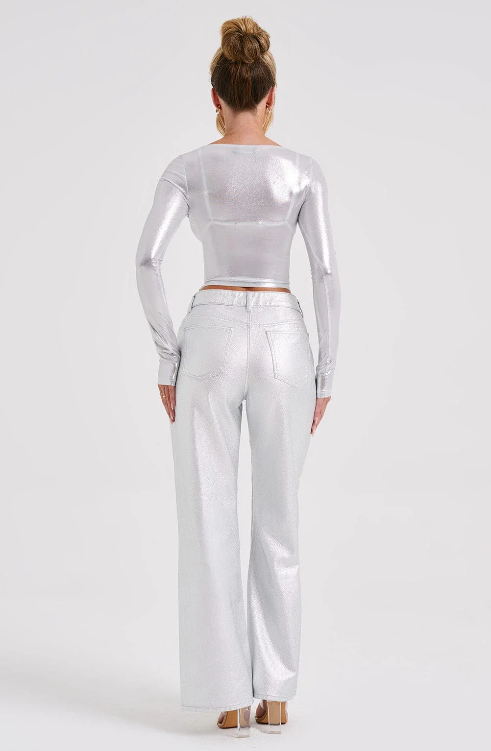 Silver Metallic Semi Sheer Jersey Kyranni Cropped Top