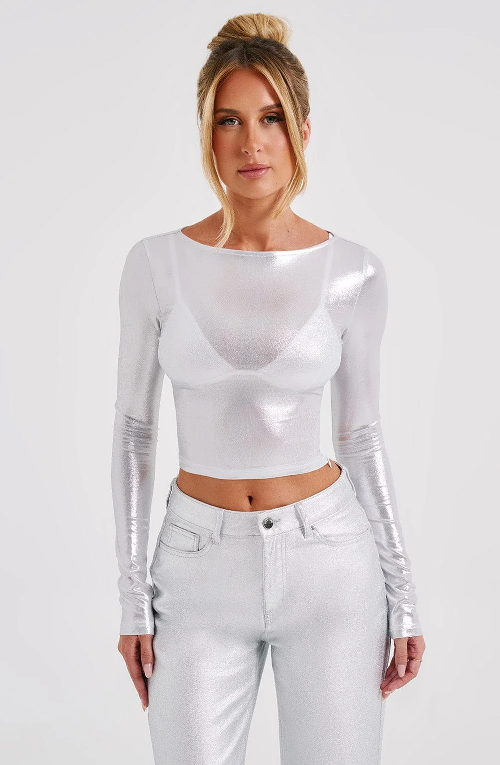 Silver Metallic Semi Sheer Jersey Kyranni Cropped Top
