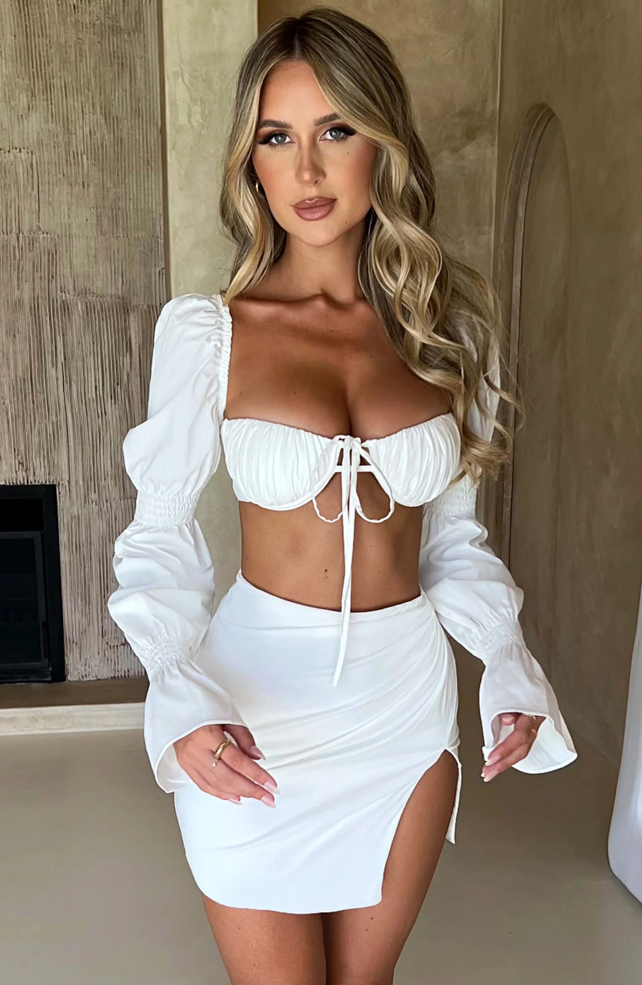 White Stretch Cotton Mini Skirt with Thigh High Split