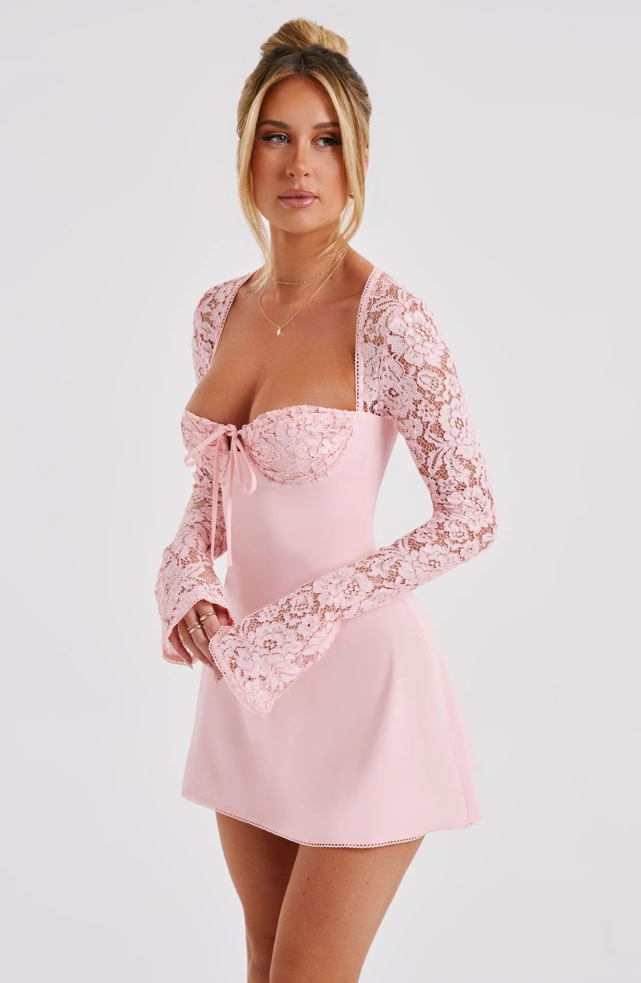 Blush Lace Flared Sleeve Mini Dress with Cupped Bust