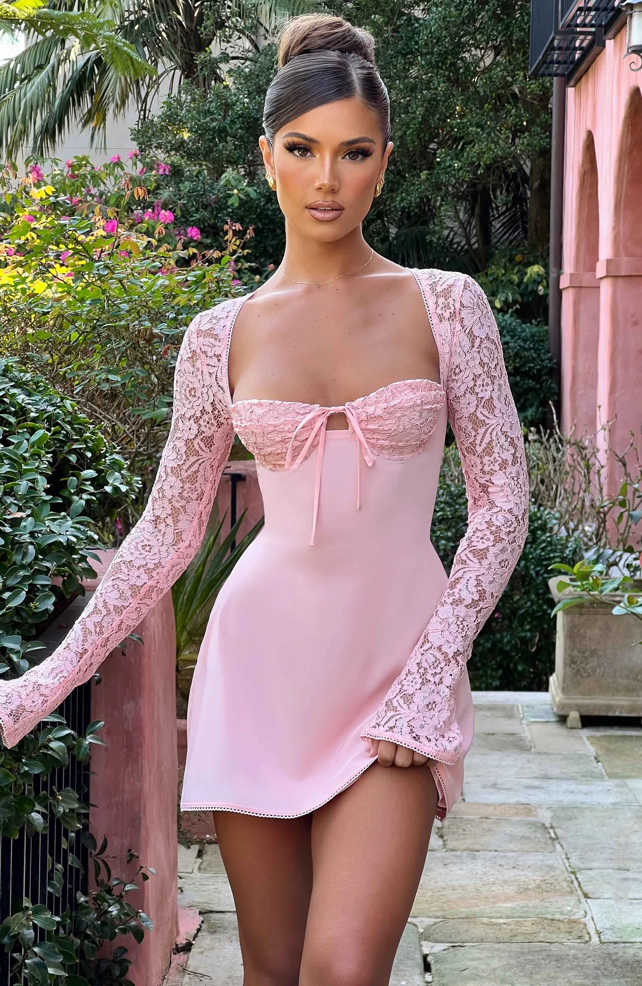 Blush Lace Flared Sleeve Mini Dress with Cupped Bust