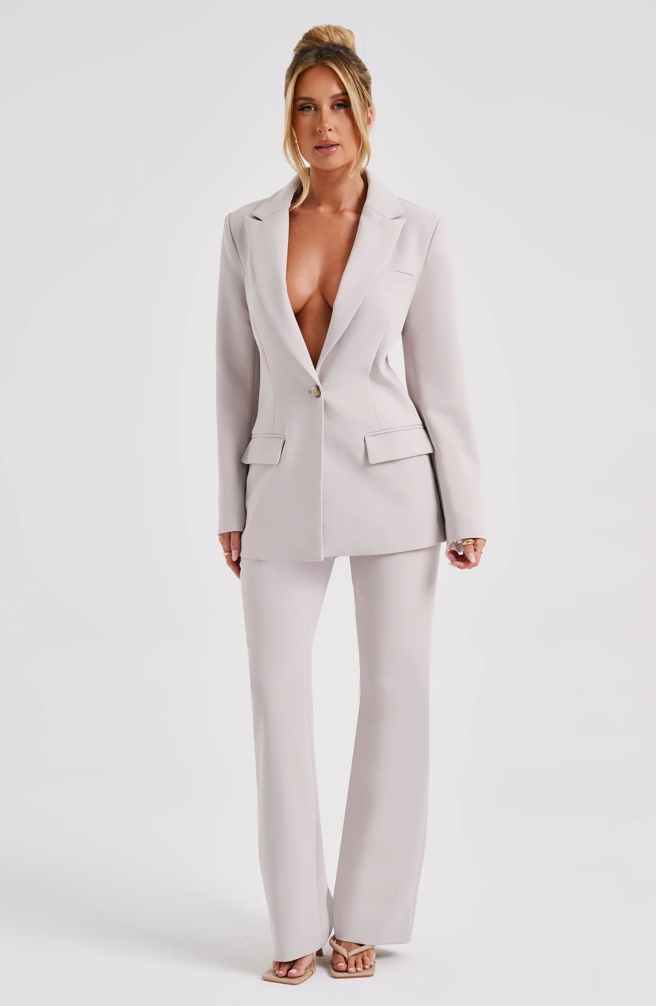 Tailored High-Waisted Flare Pants in Stone Color