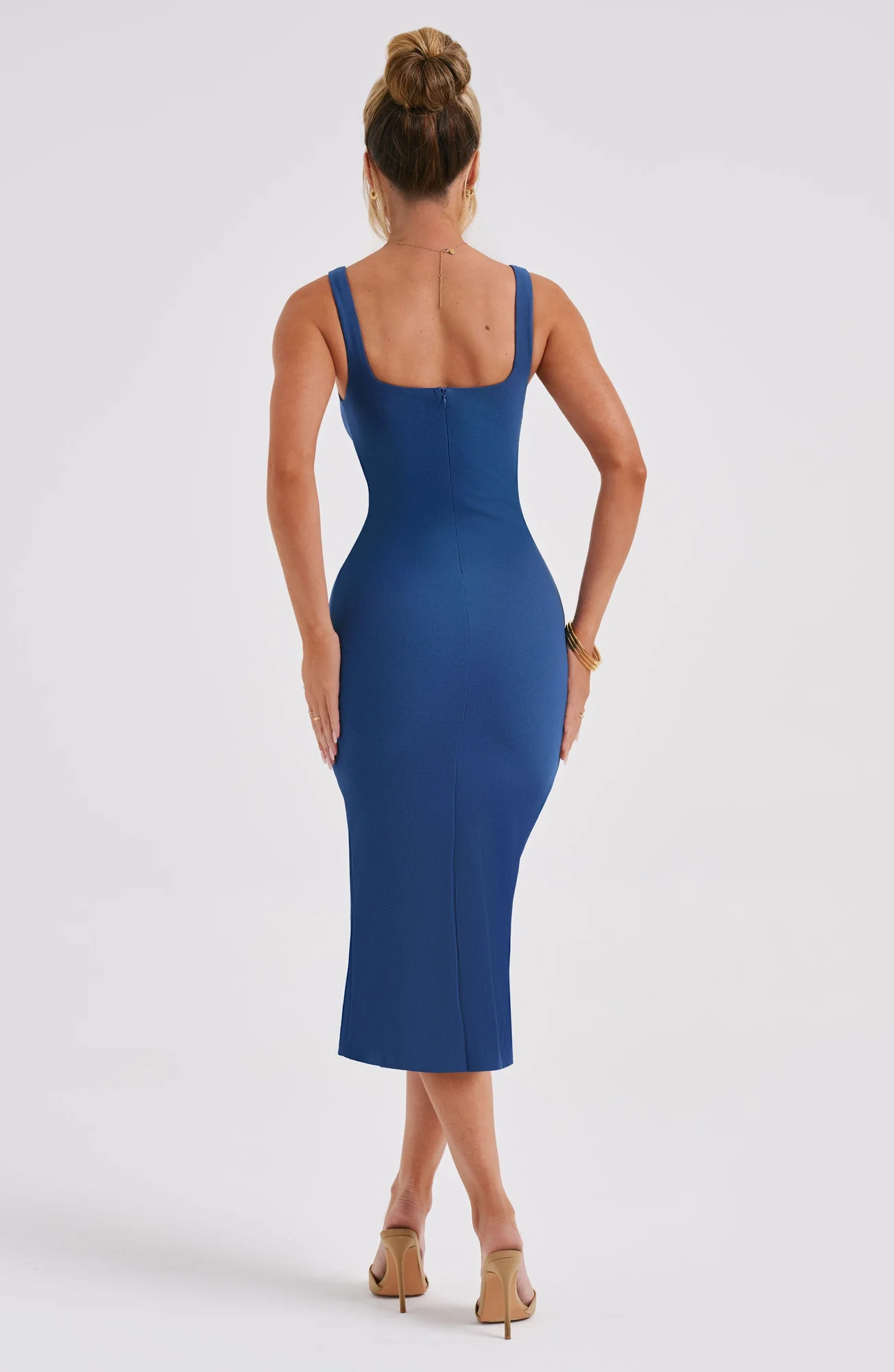 Navy Stretch Crepe Square Neck Midi Dress