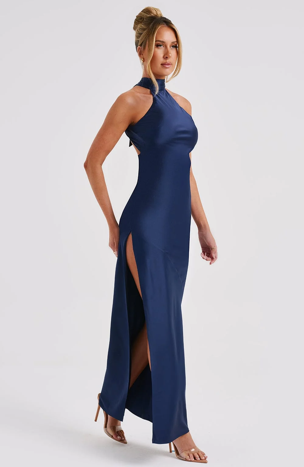 Navy Bias Cut Satin Maxi Dress with Backless High Neck - Elegant Style
