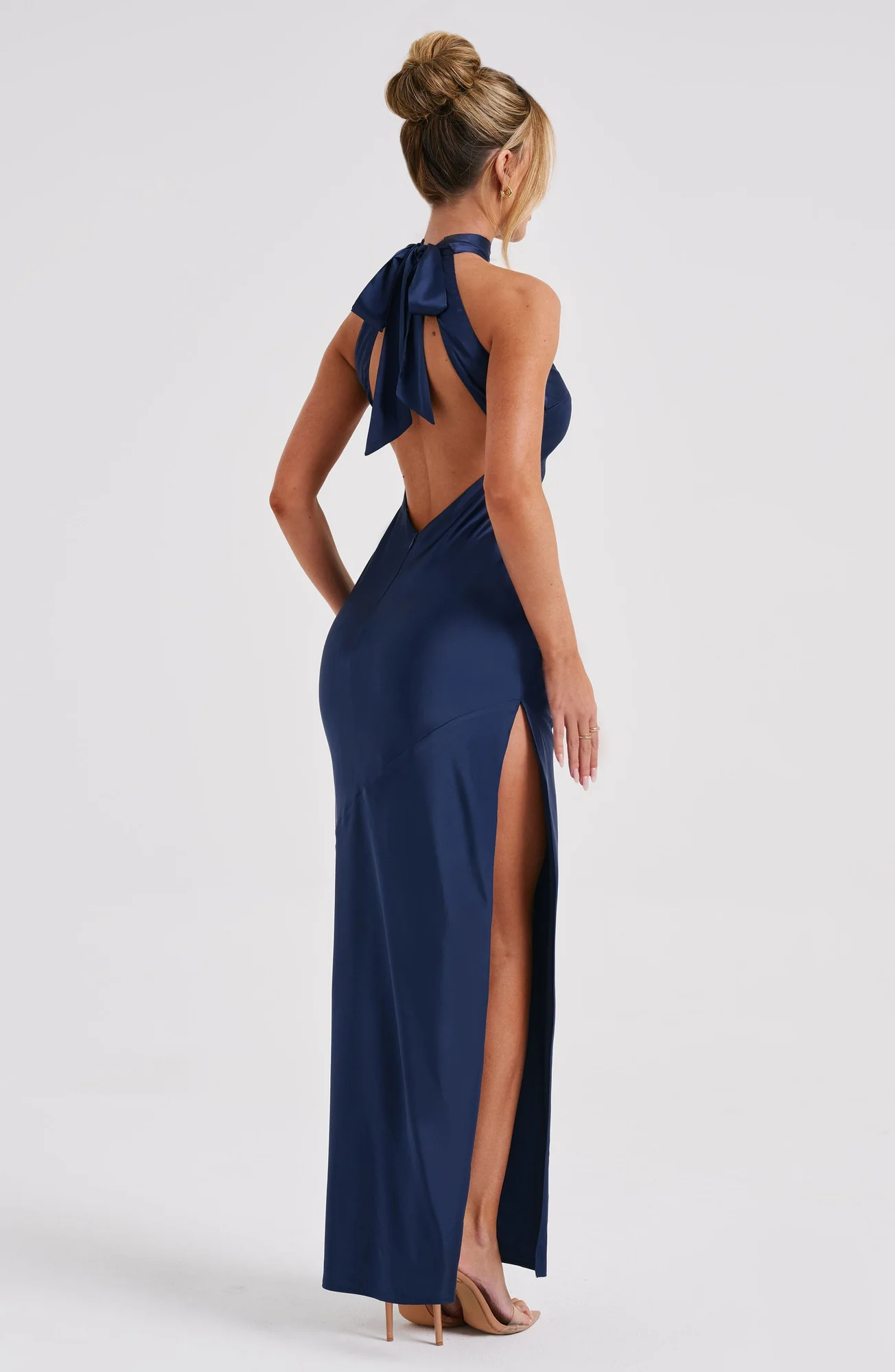 Navy Bias Cut Satin Maxi Dress with Backless High Neck - Elegant Style