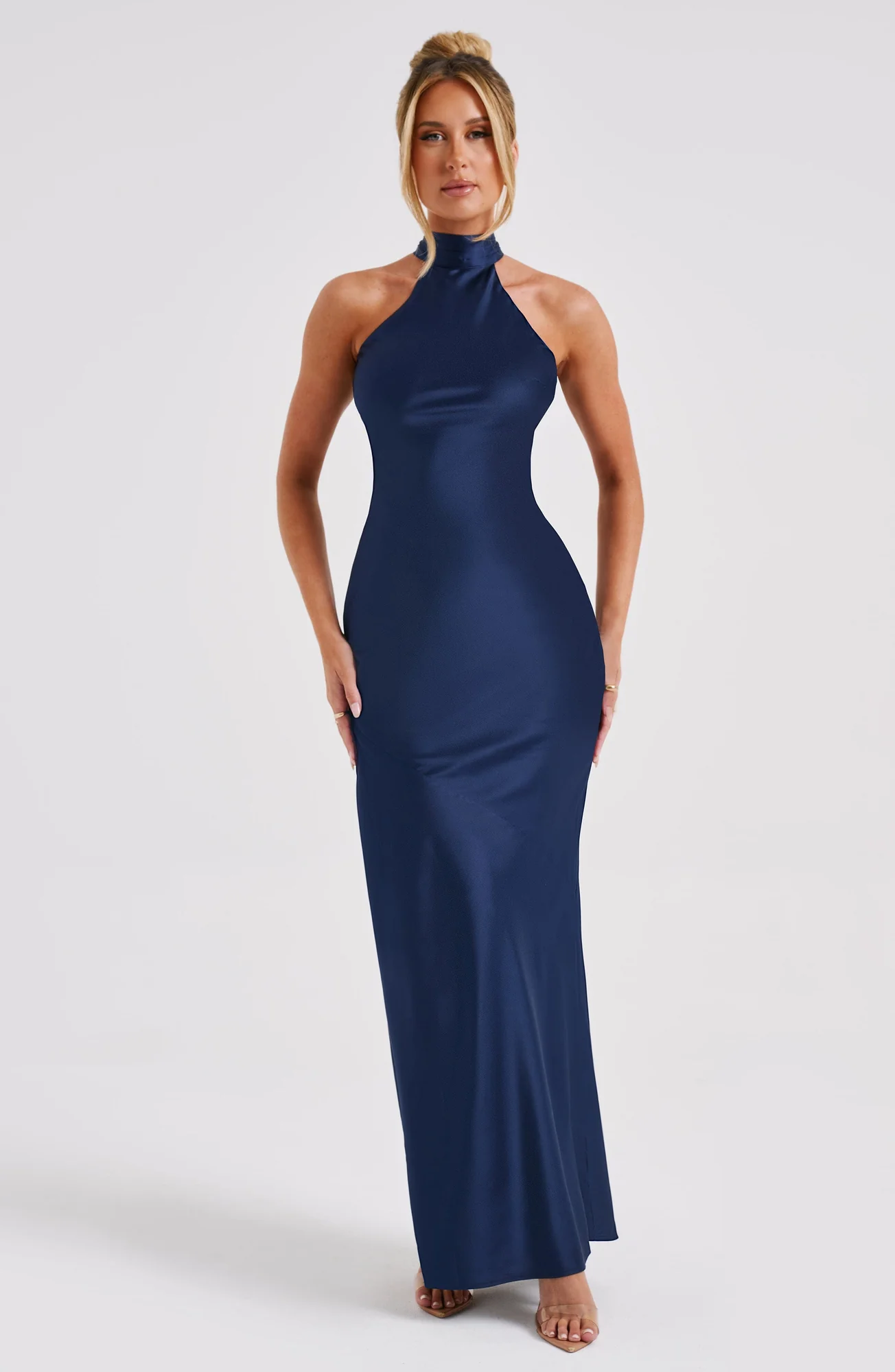 Navy Bias Cut Satin Maxi Dress with Backless High Neck - Elegant Style