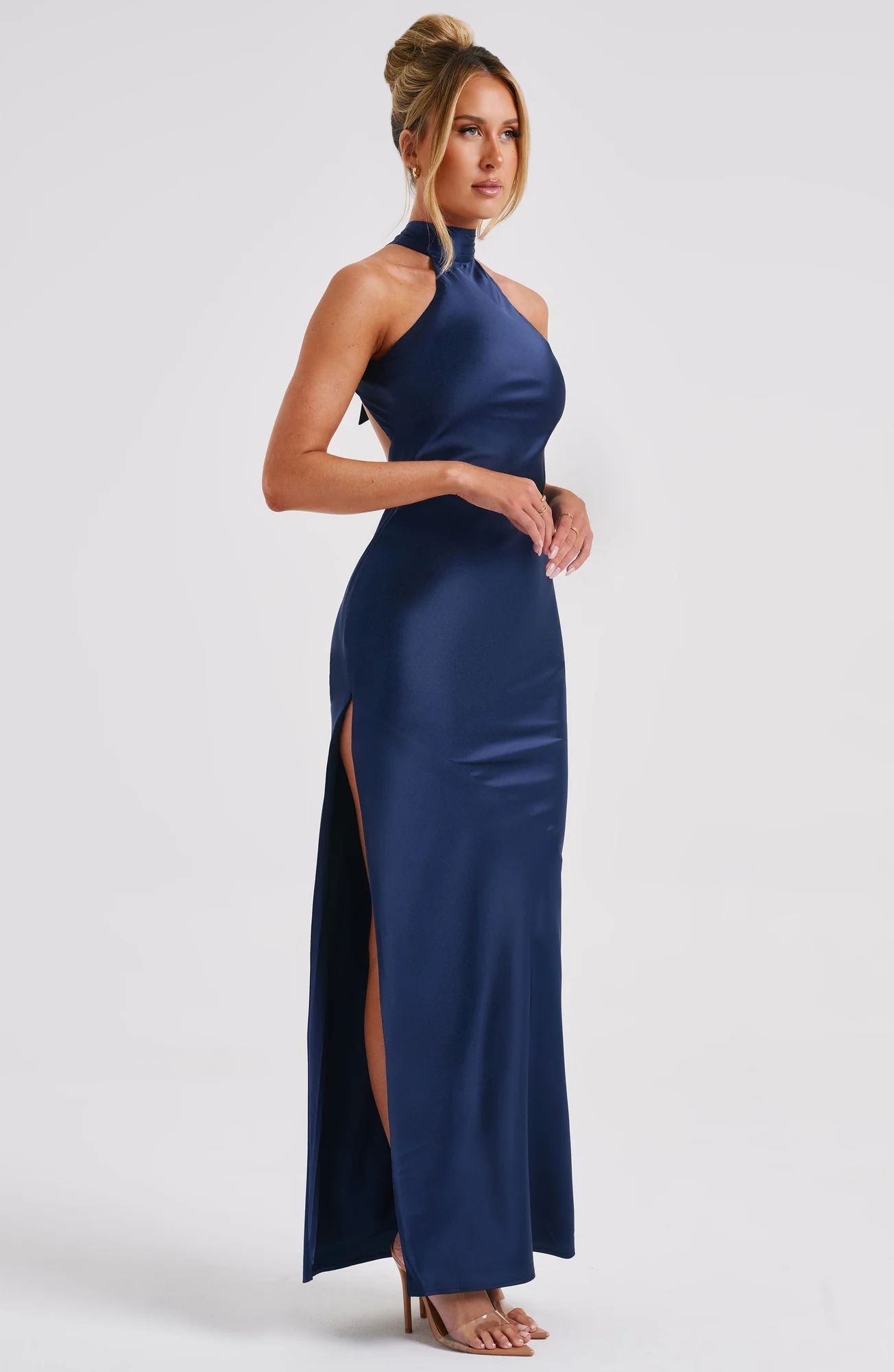 Navy Bias Cut Satin Maxi Dress with Backless High Neck - Elegant Style