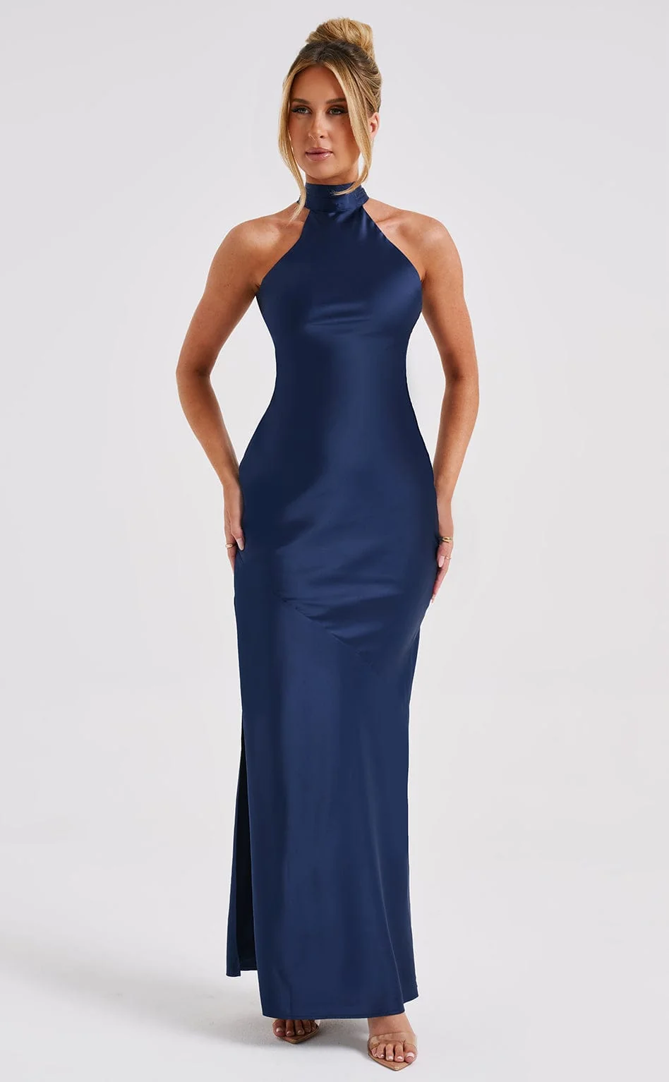 Navy Bias Cut Satin Maxi Dress with Backless High Neck - Elegant Style