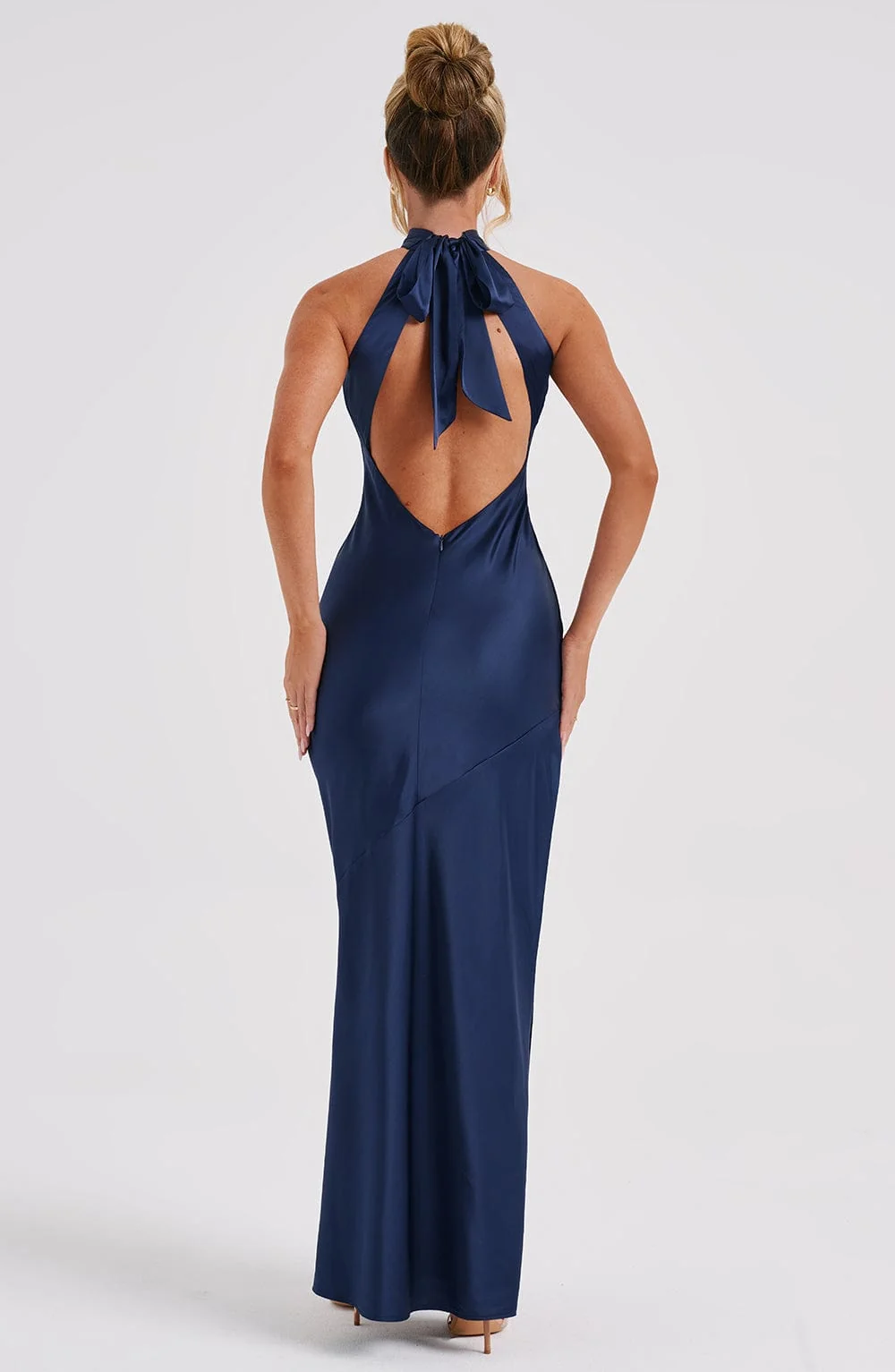 Navy Bias Cut Satin Maxi Dress with Backless High Neck - Elegant Style