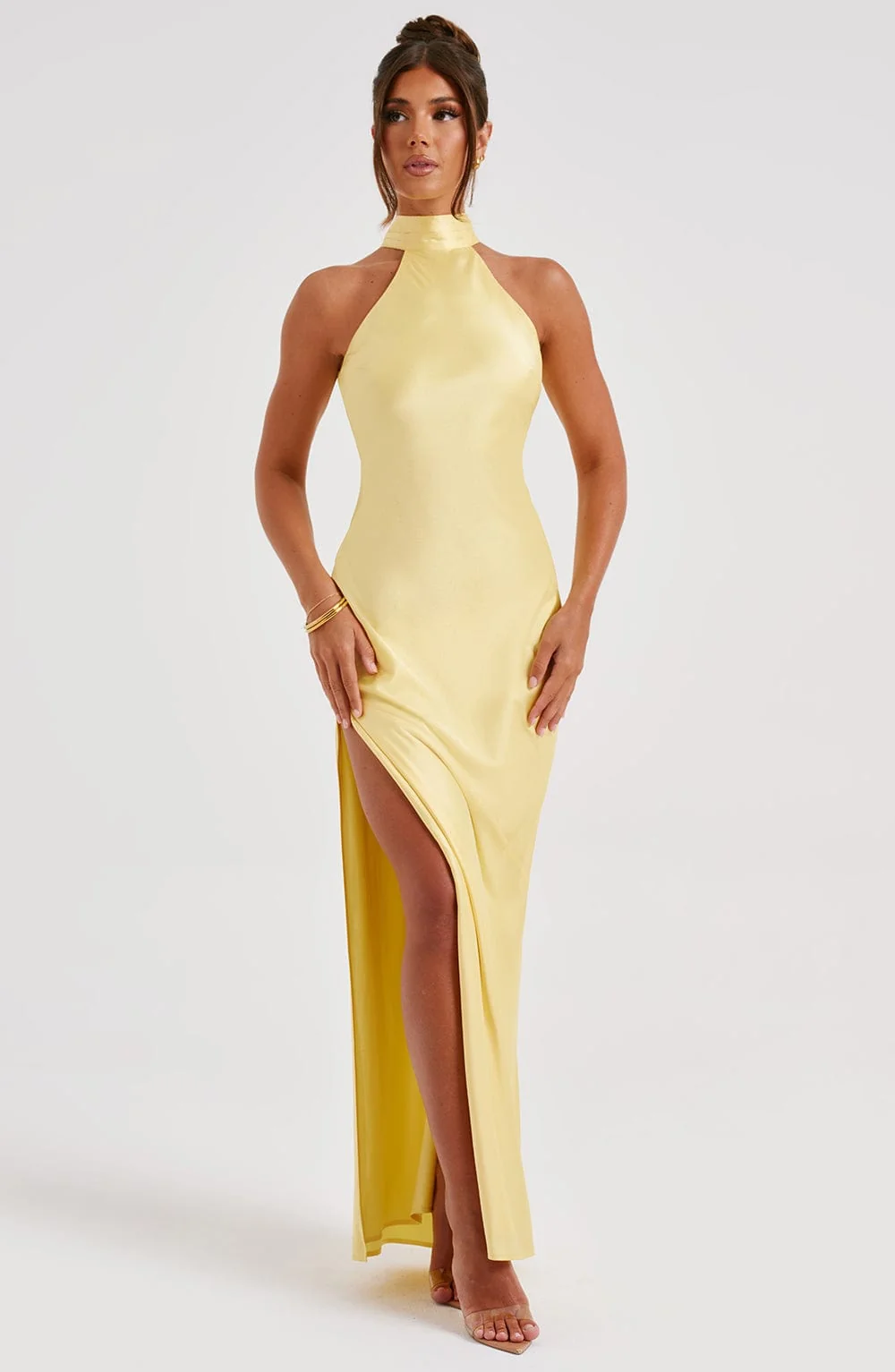 Lemon Satin Backless Maxi Dress