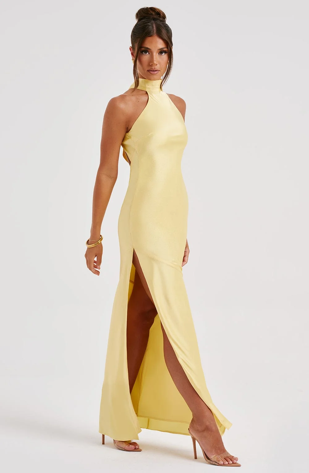 Lemon Satin Backless Maxi Dress
