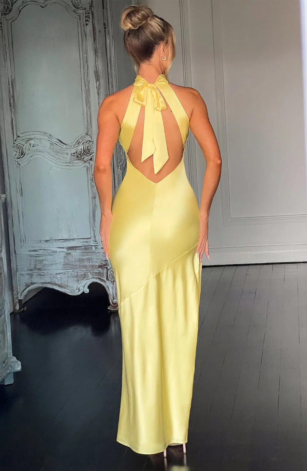Lemon Satin Backless Maxi Dress