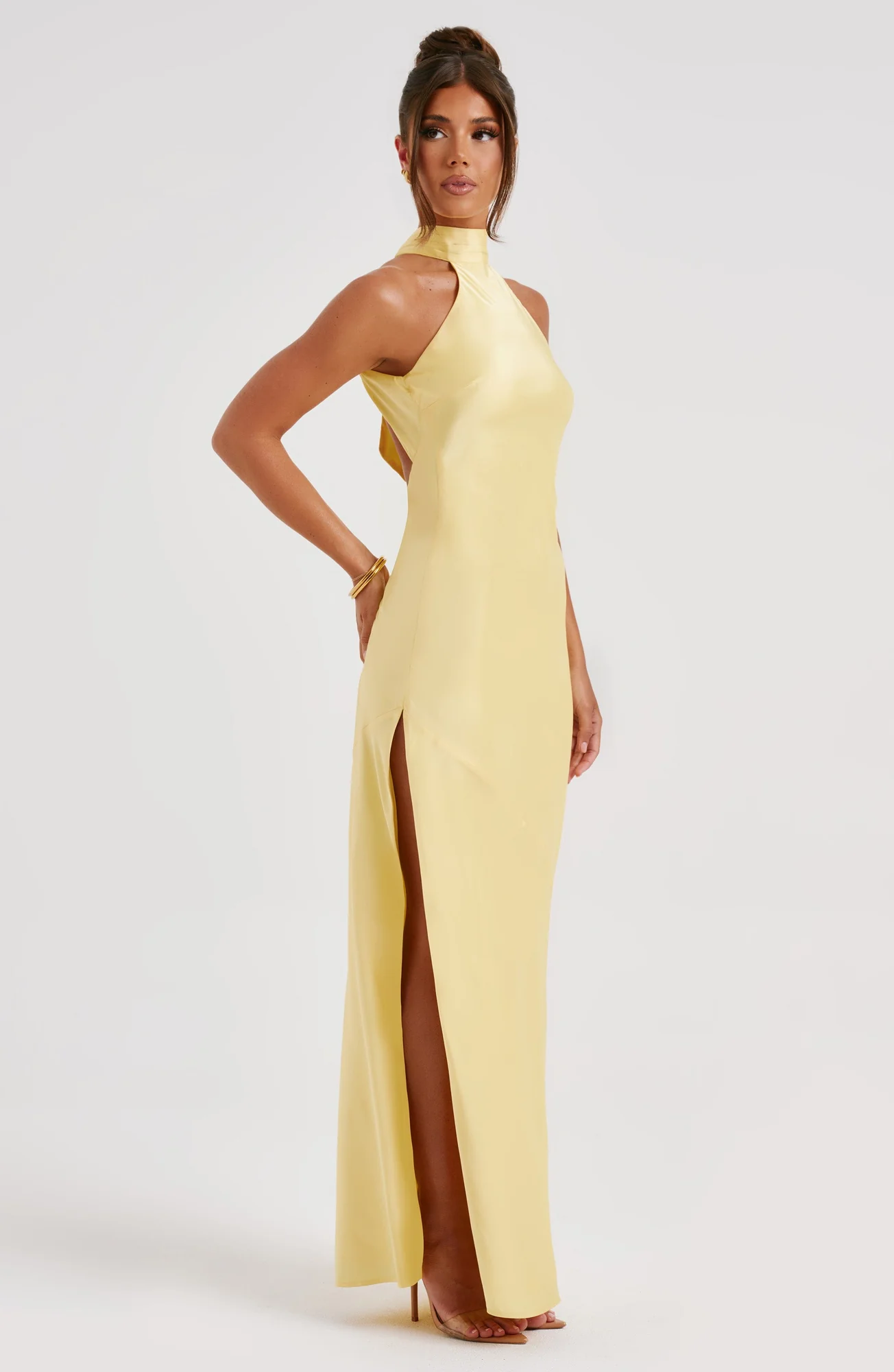 Lemon Satin Backless Maxi Dress