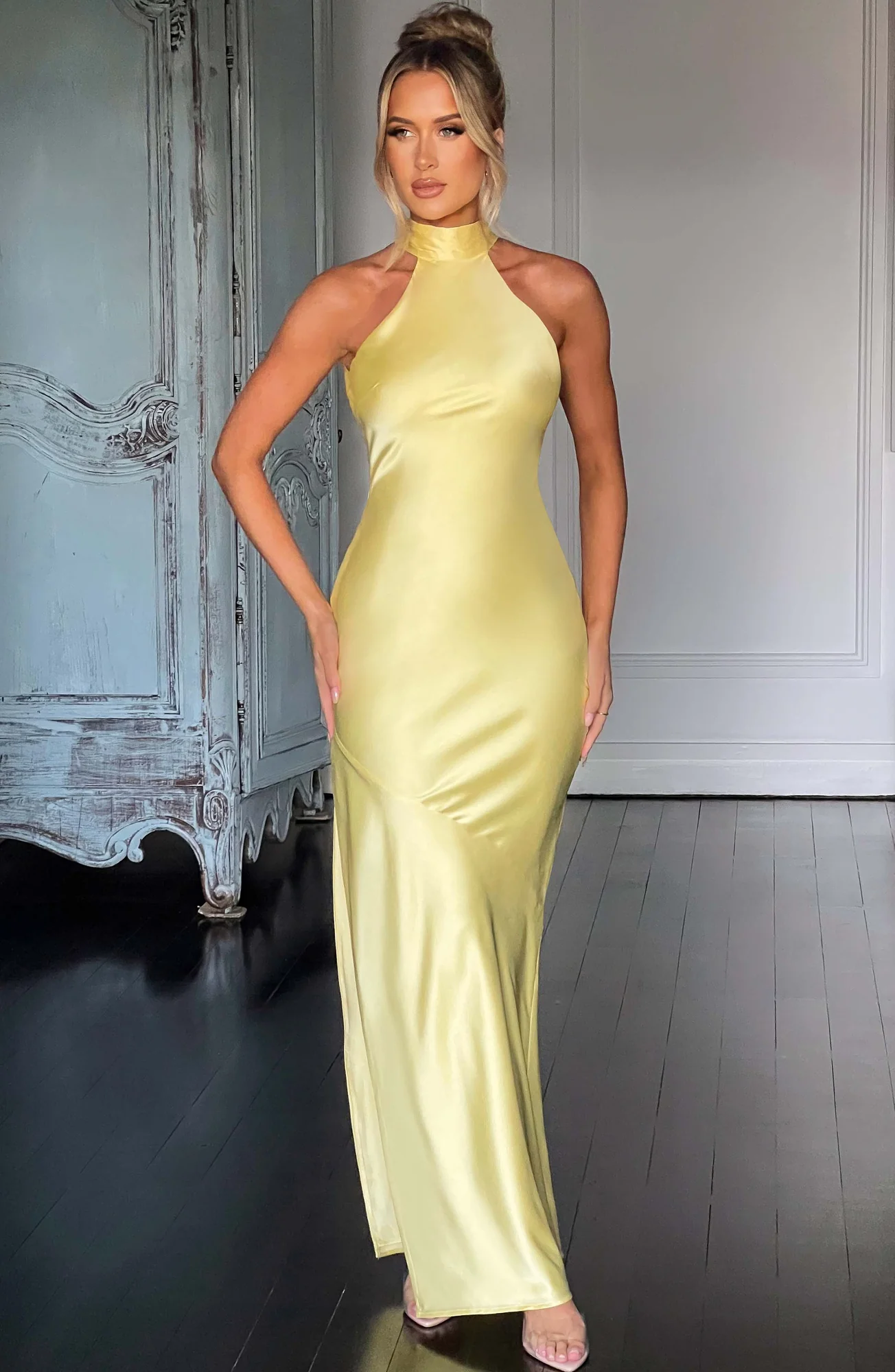 Lemon Satin Backless Maxi Dress