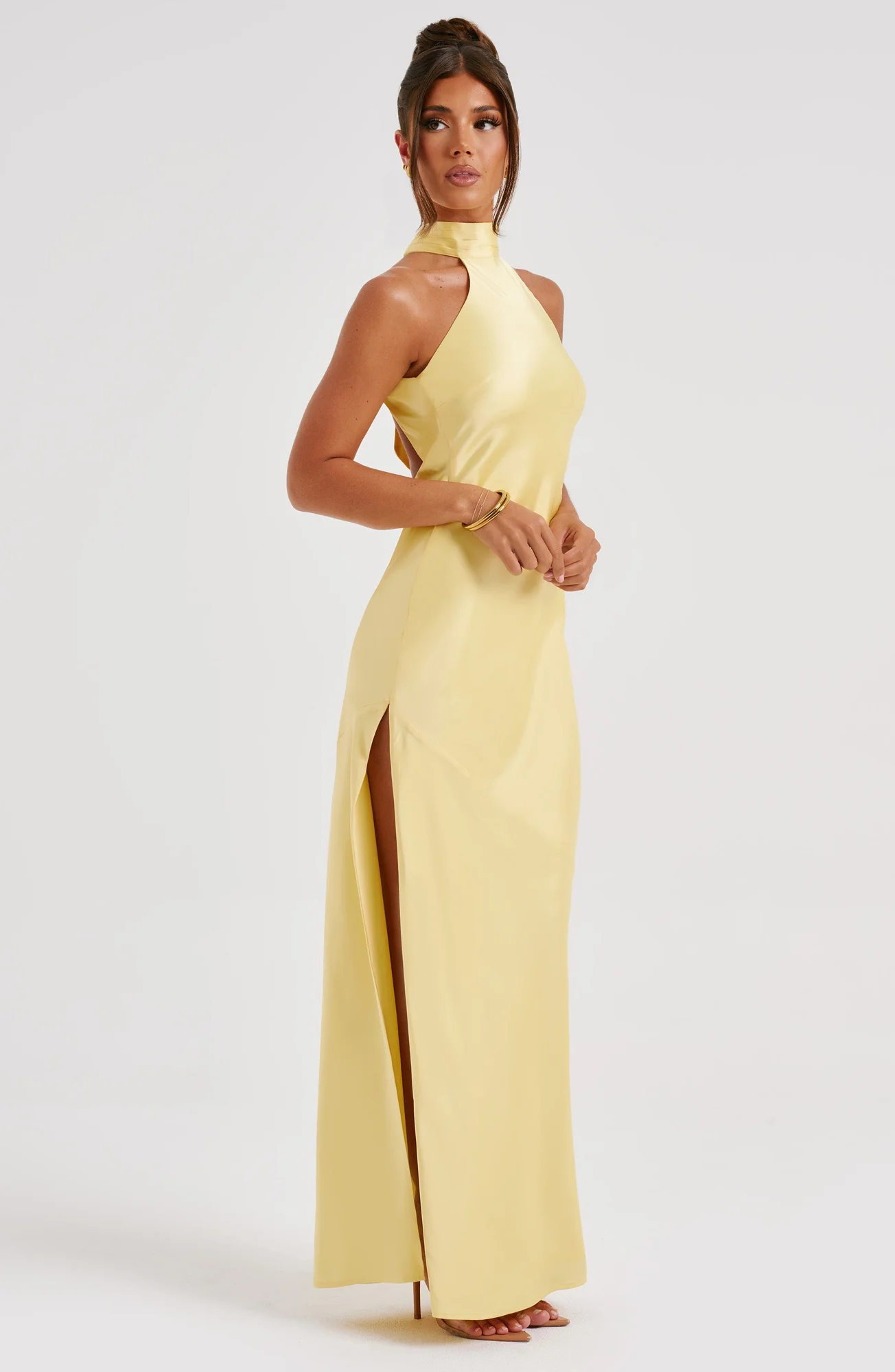 Lemon Satin Backless Maxi Dress