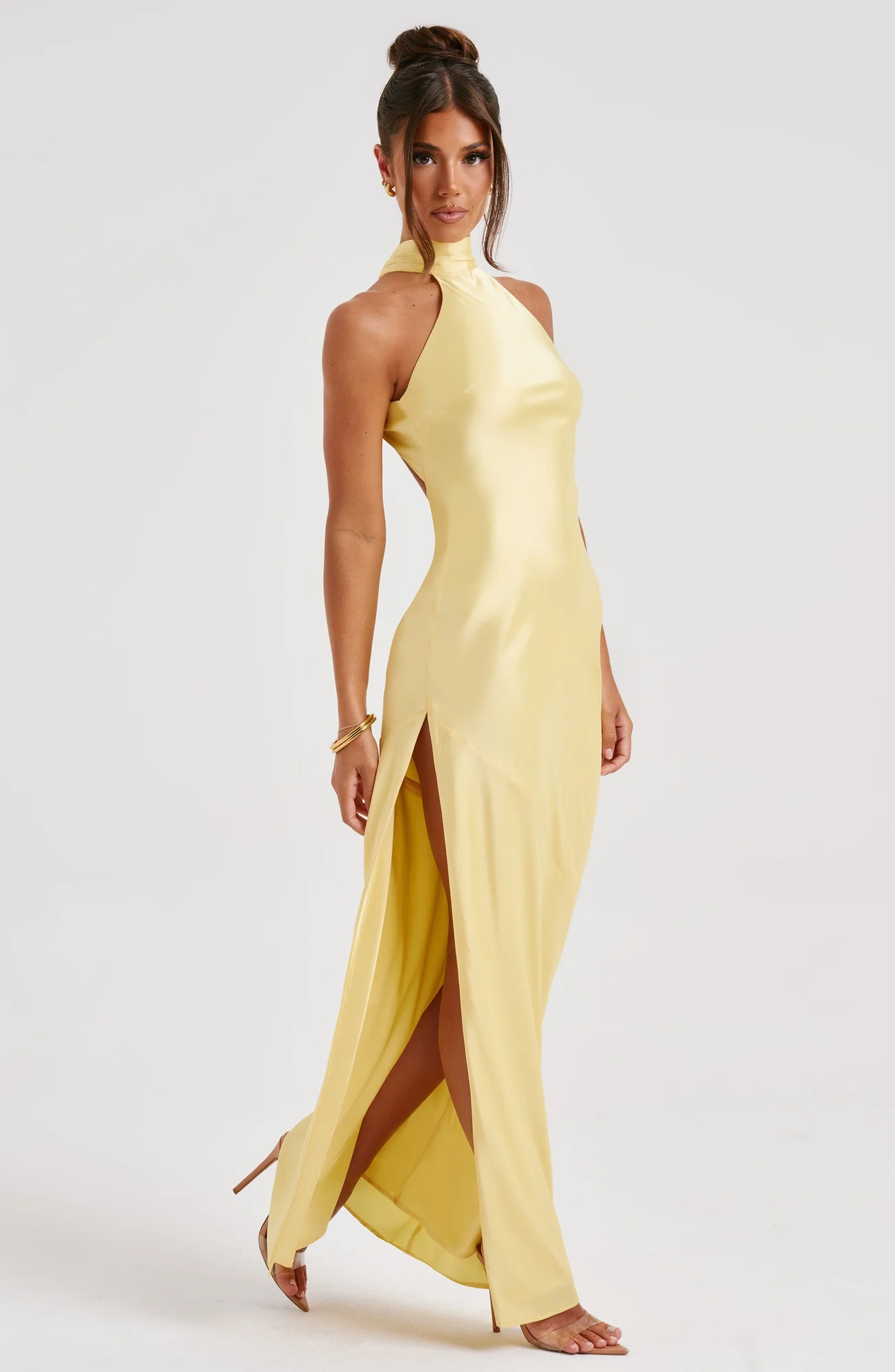 Lemon Satin Backless Maxi Dress