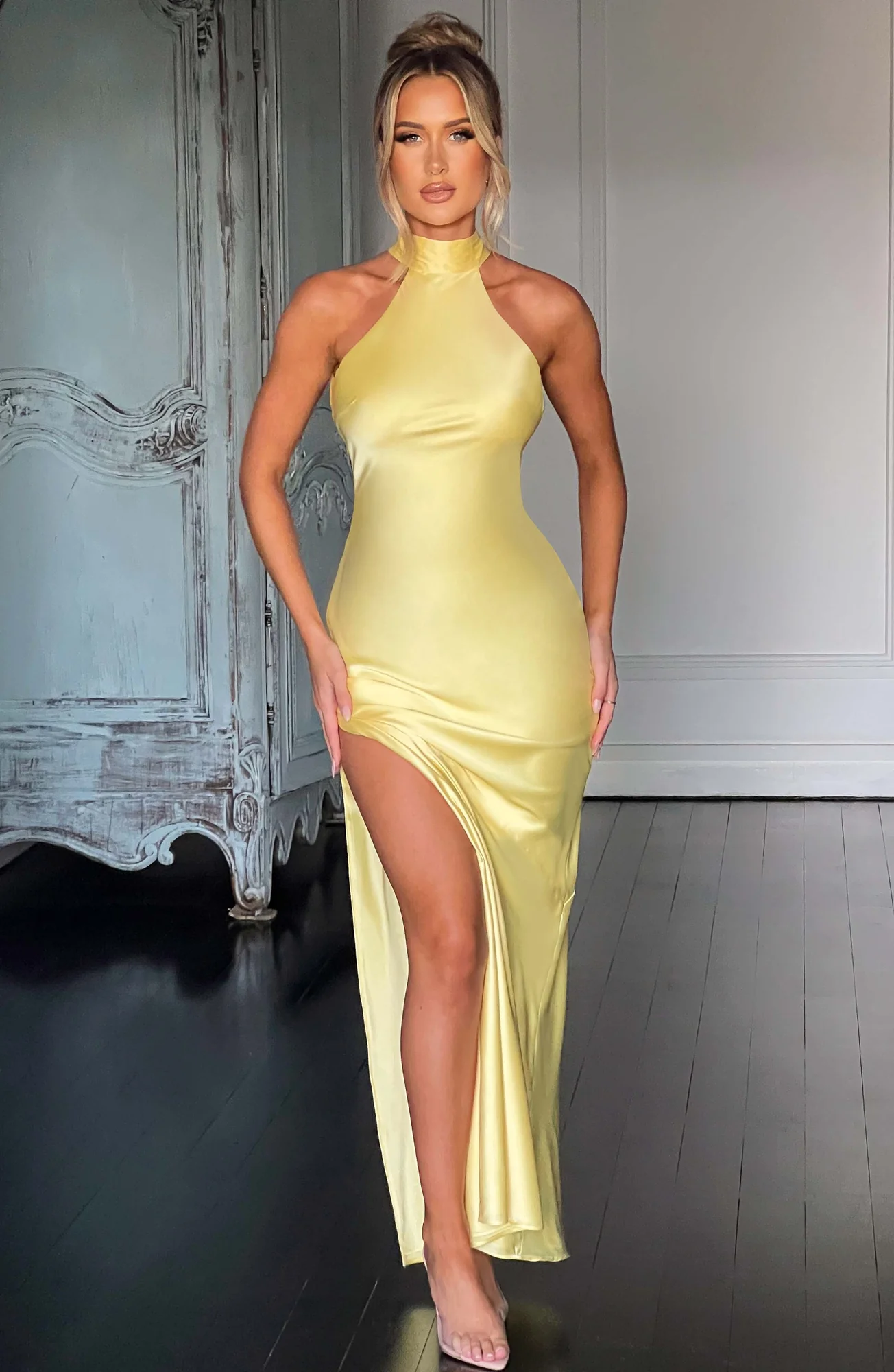 Lemon Satin Backless Maxi Dress