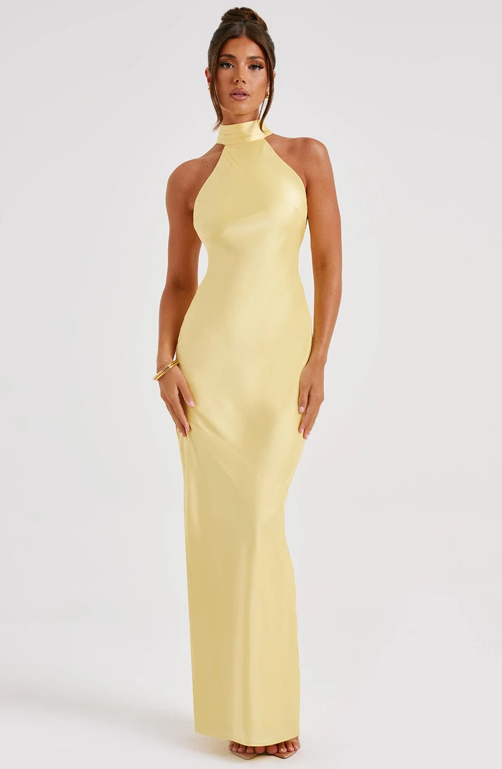 Lemon Satin Backless Maxi Dress