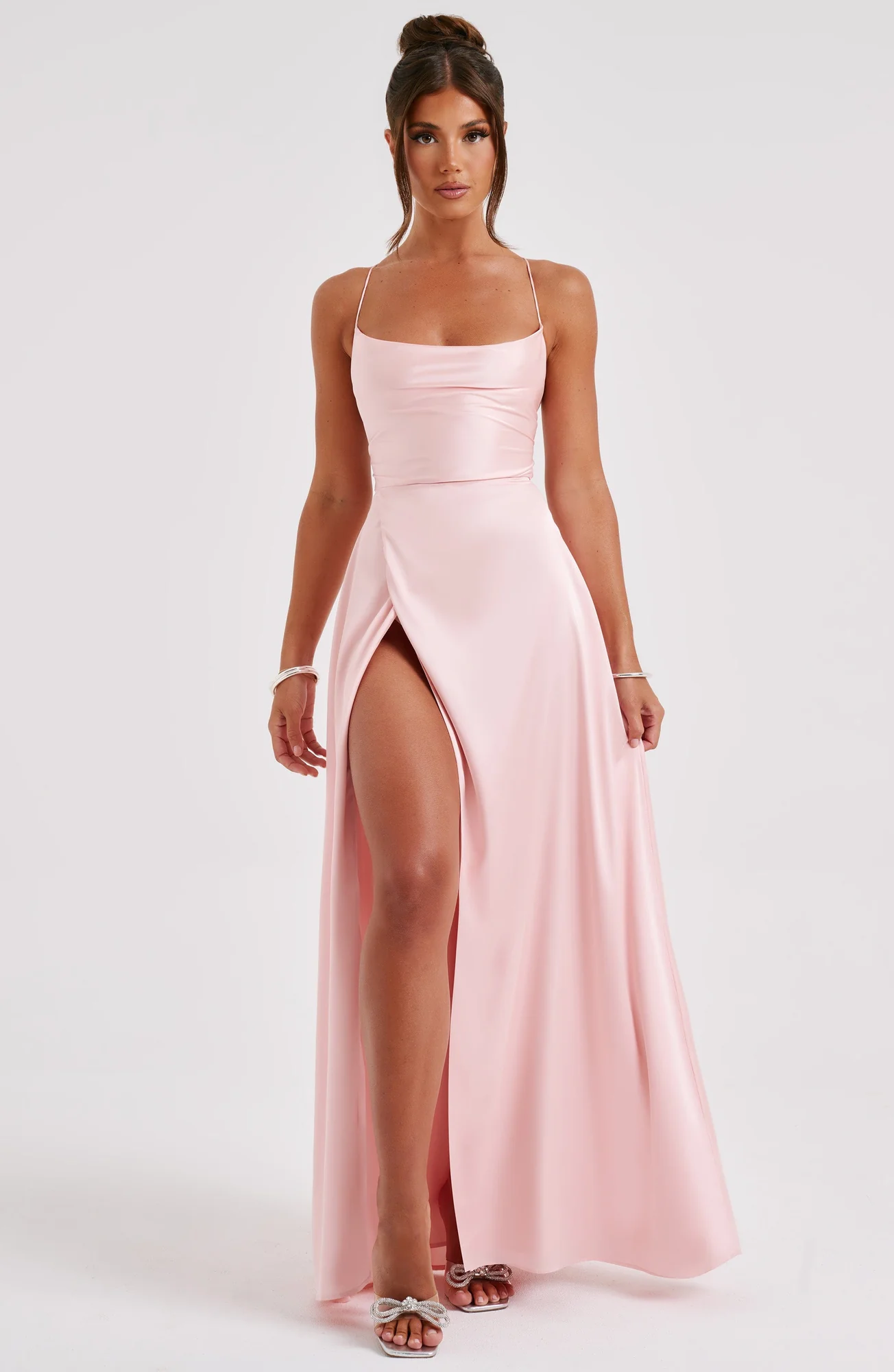 Blush Satin Maxi Dress with Backless Criss Cross Straps