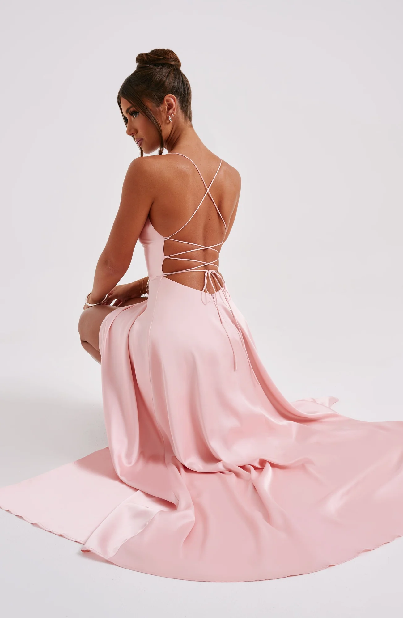 Blush Satin Maxi Dress with Backless Criss Cross Straps