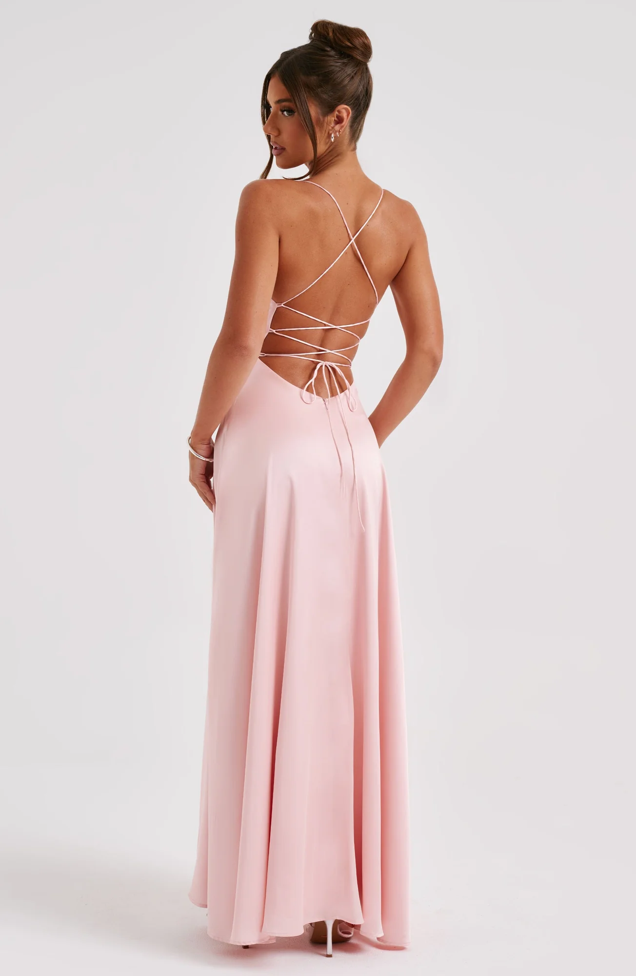 Blush Satin Maxi Dress with Backless Criss Cross Straps