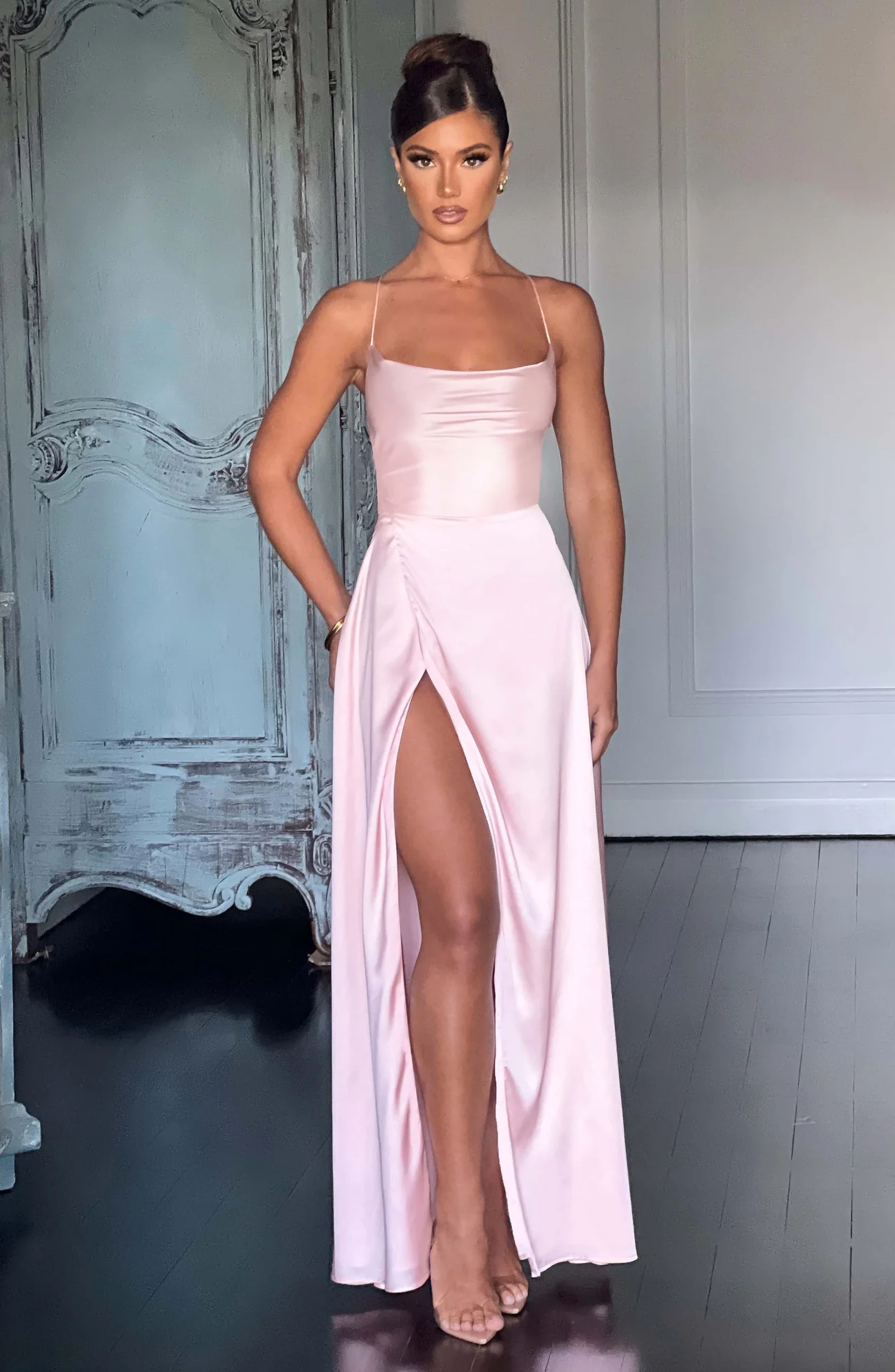 Blush Satin Maxi Dress with Backless Criss Cross Straps