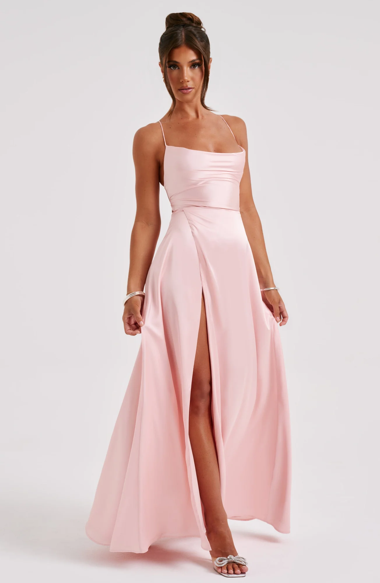 Blush Satin Maxi Dress with Backless Criss Cross Straps