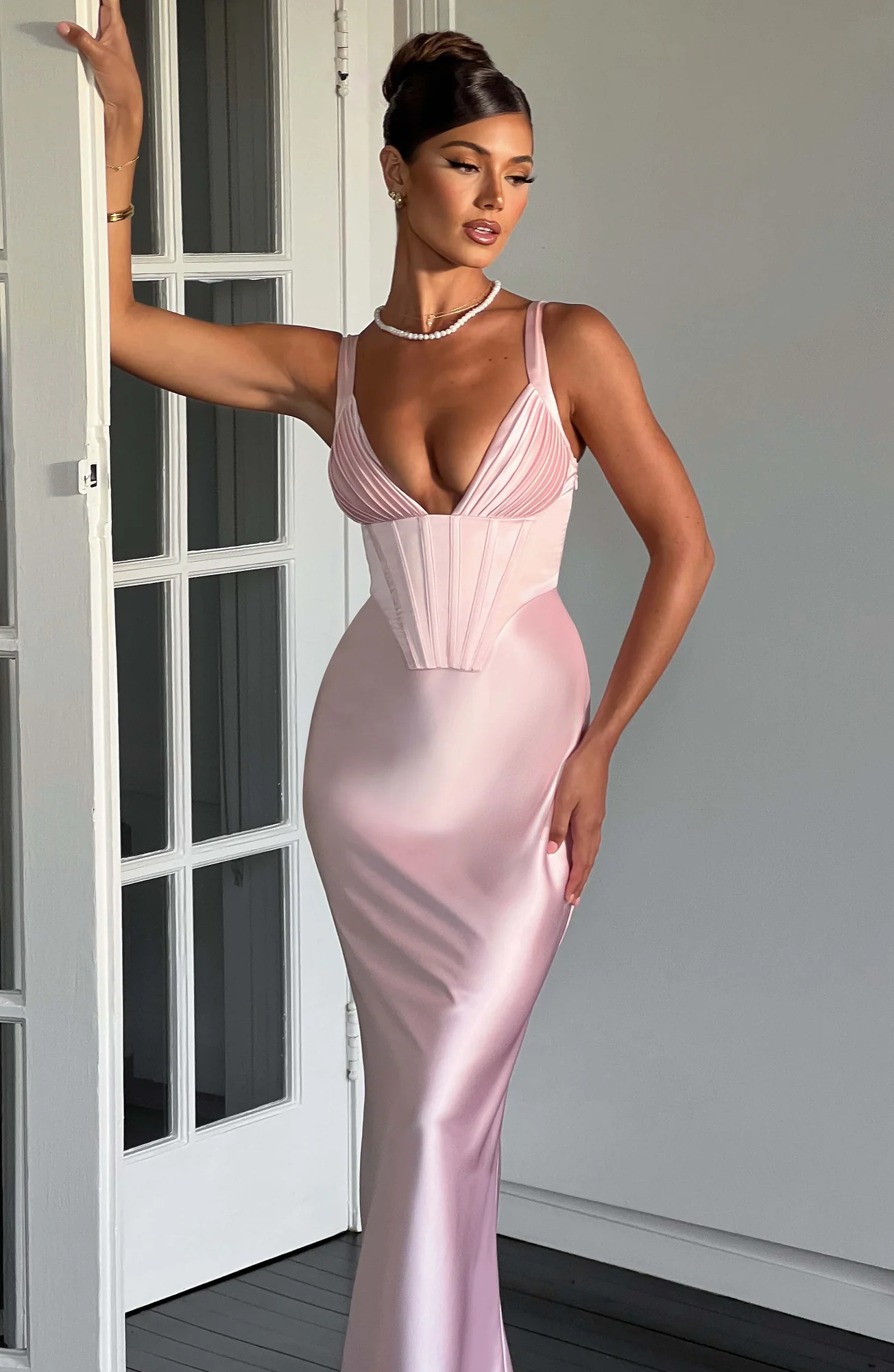 Blush Halter Strap Maxi Dress with Corset Bodice