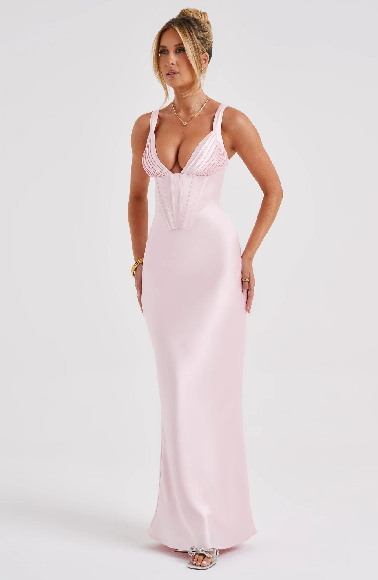 Blush Halter Strap Maxi Dress with Corset Bodice