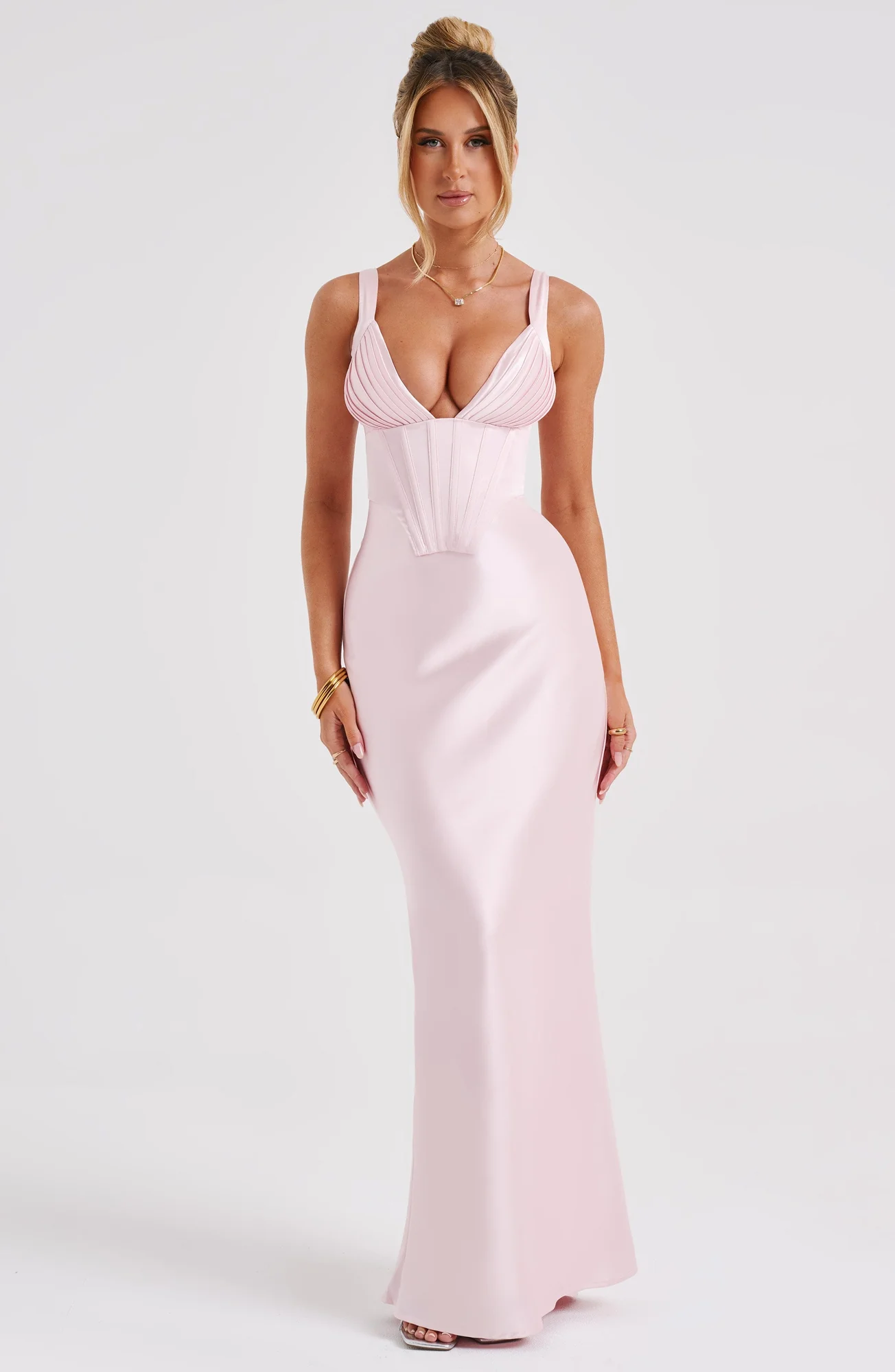 Blush Halter Strap Maxi Dress with Corset Bodice