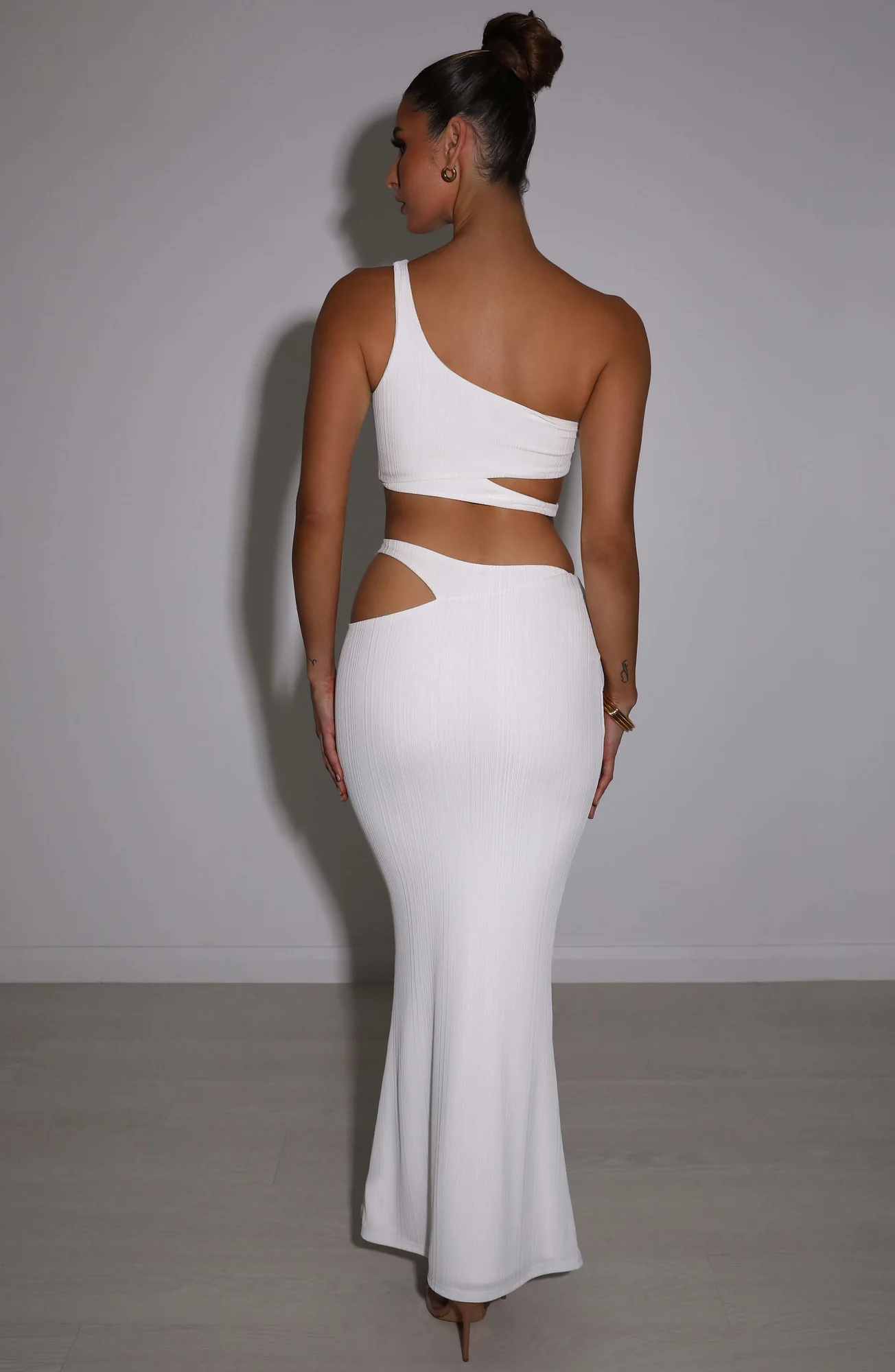 White Ribbed Maxi Skirt with Cut Out Waist Detail
