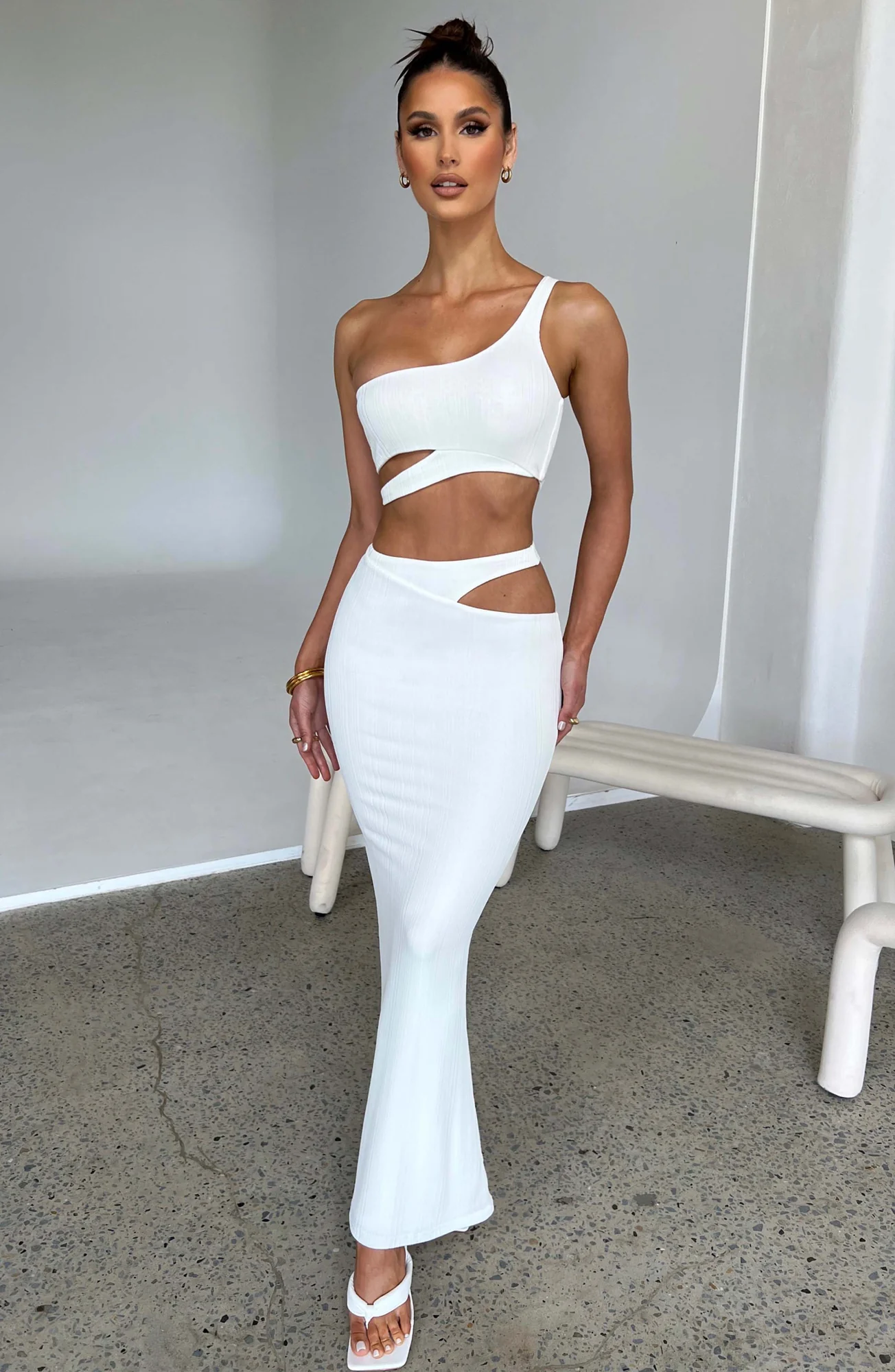 White Ribbed Maxi Skirt with Cut Out Waist Detail