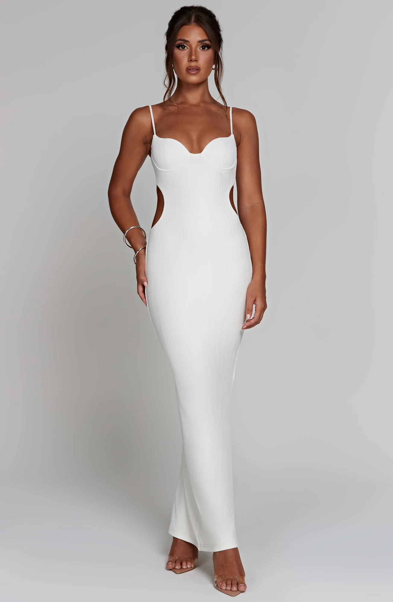 White Ribbed Jersey Maxi Dress with Cut-Out Design