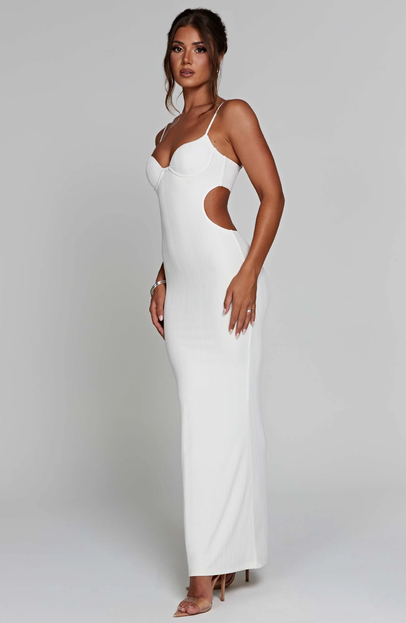 White Ribbed Jersey Maxi Dress with Cut-Out Design