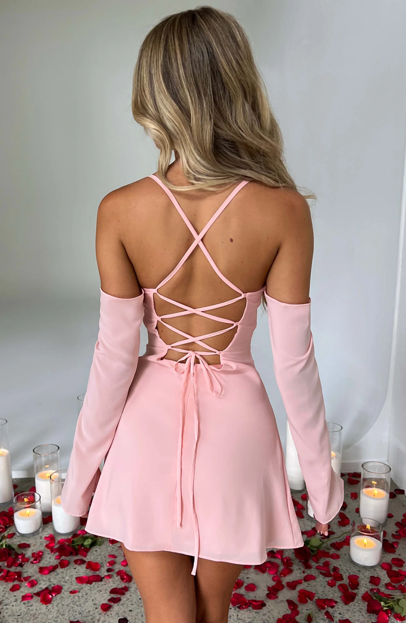 Feminine Blush Georgette Satin Mini Dress with Flared Sleeves