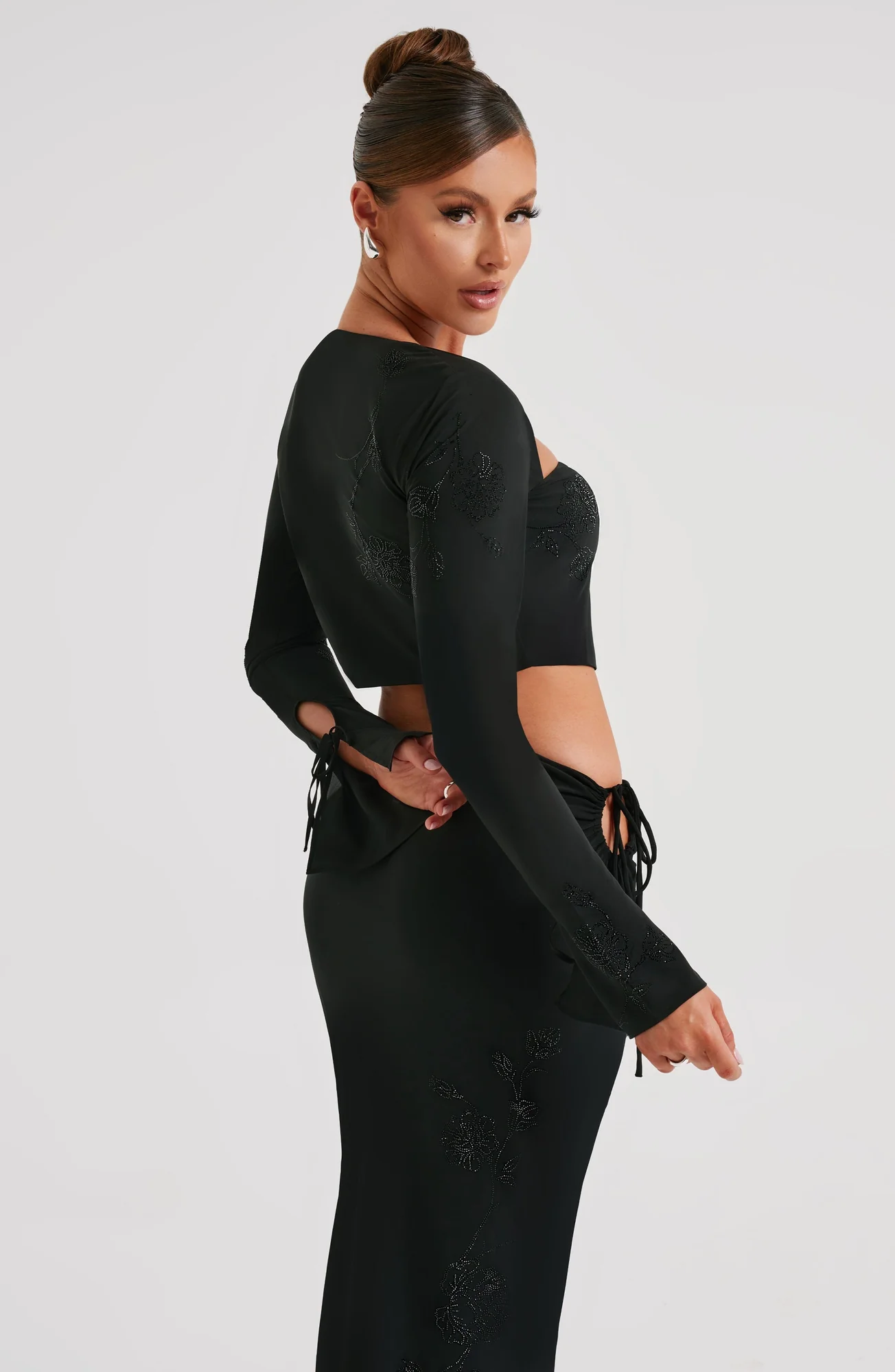 Black Rhinestone Detail Long Sleeve Plunge Top