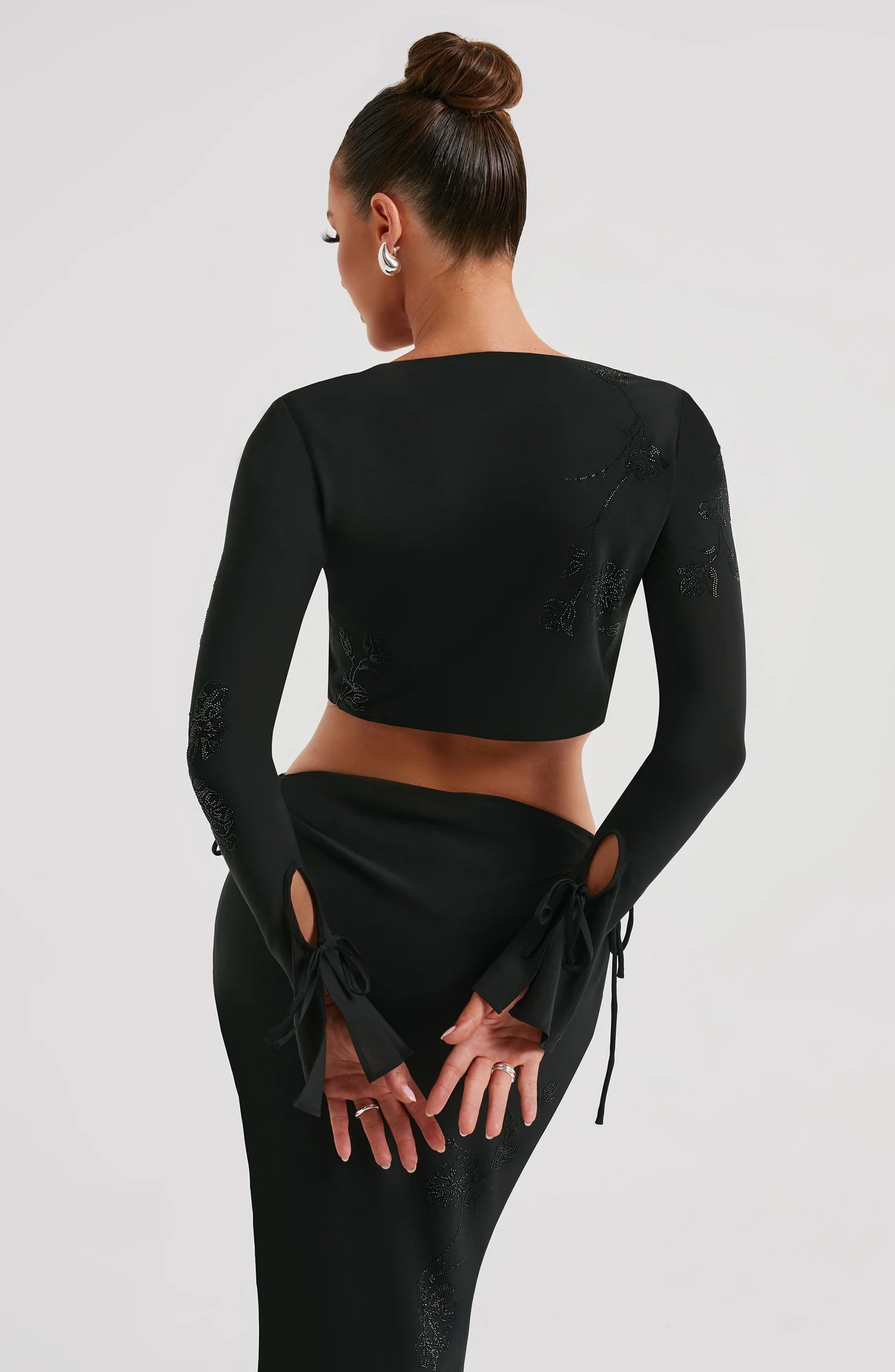Black Rhinestone Detail Long Sleeve Plunge Top