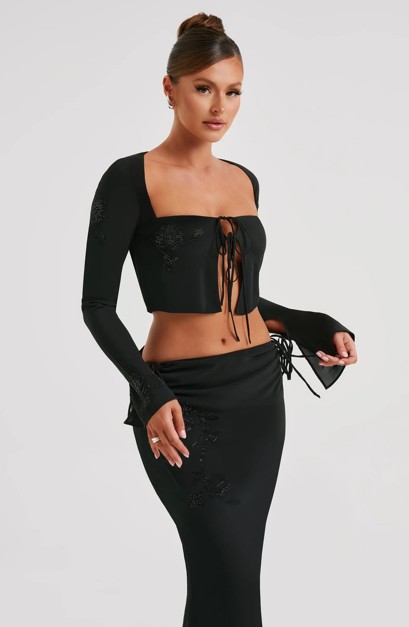 Black Rhinestone Detail Long Sleeve Plunge Top