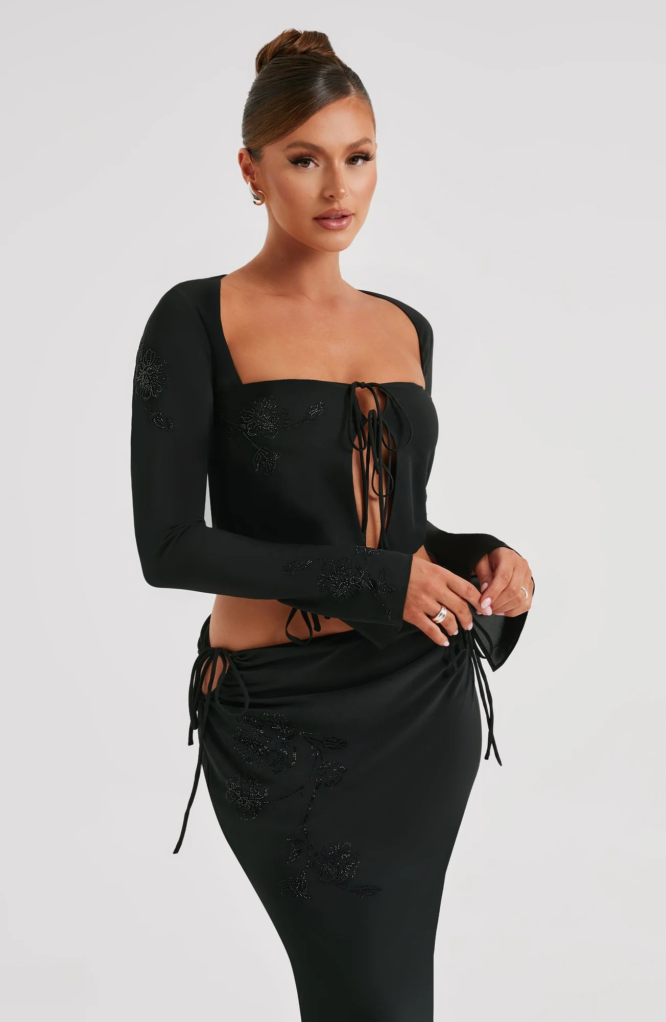 Black Rhinestone Detail Long Sleeve Plunge Top