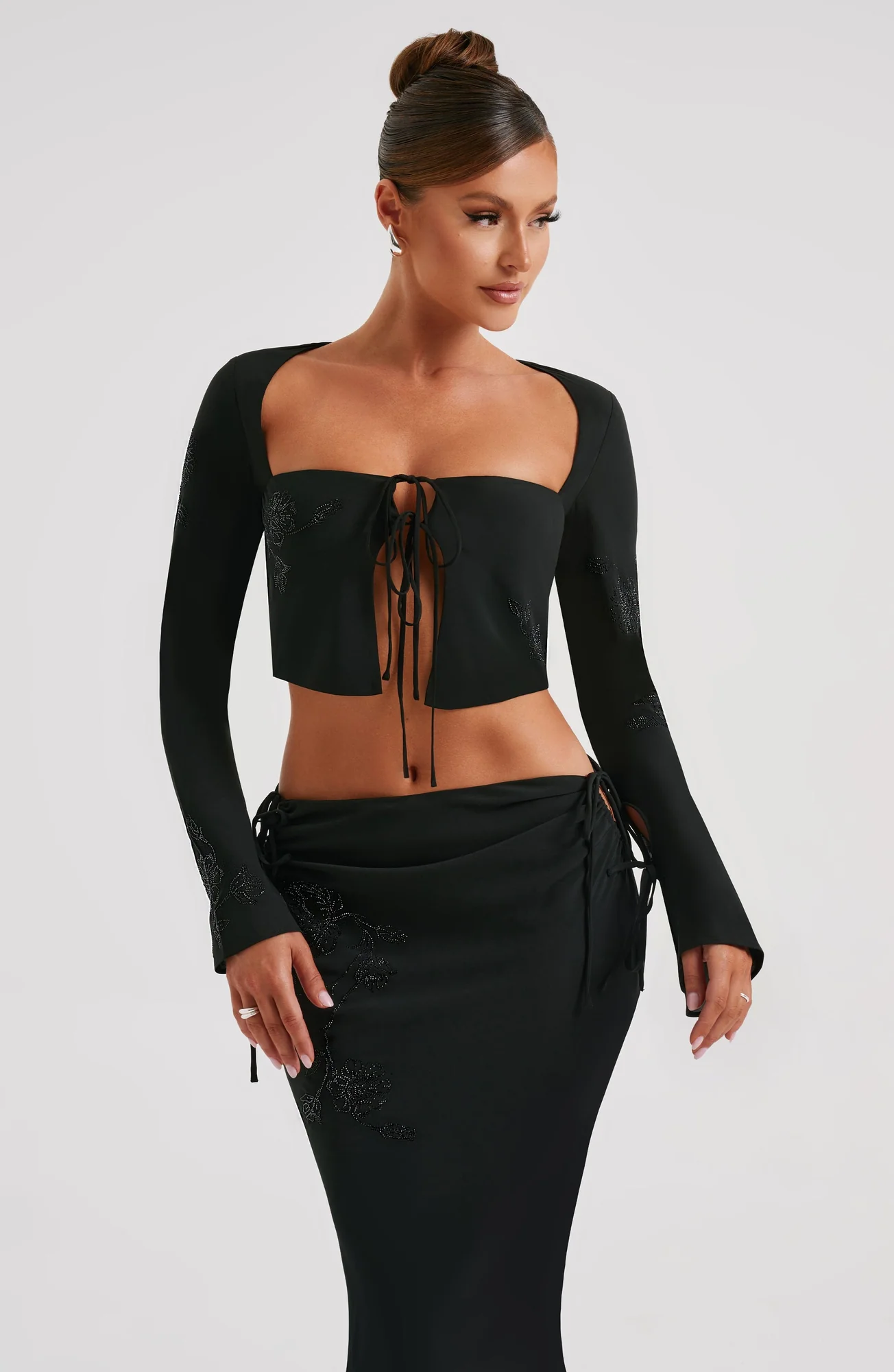 Black Rhinestone Detail Long Sleeve Plunge Top