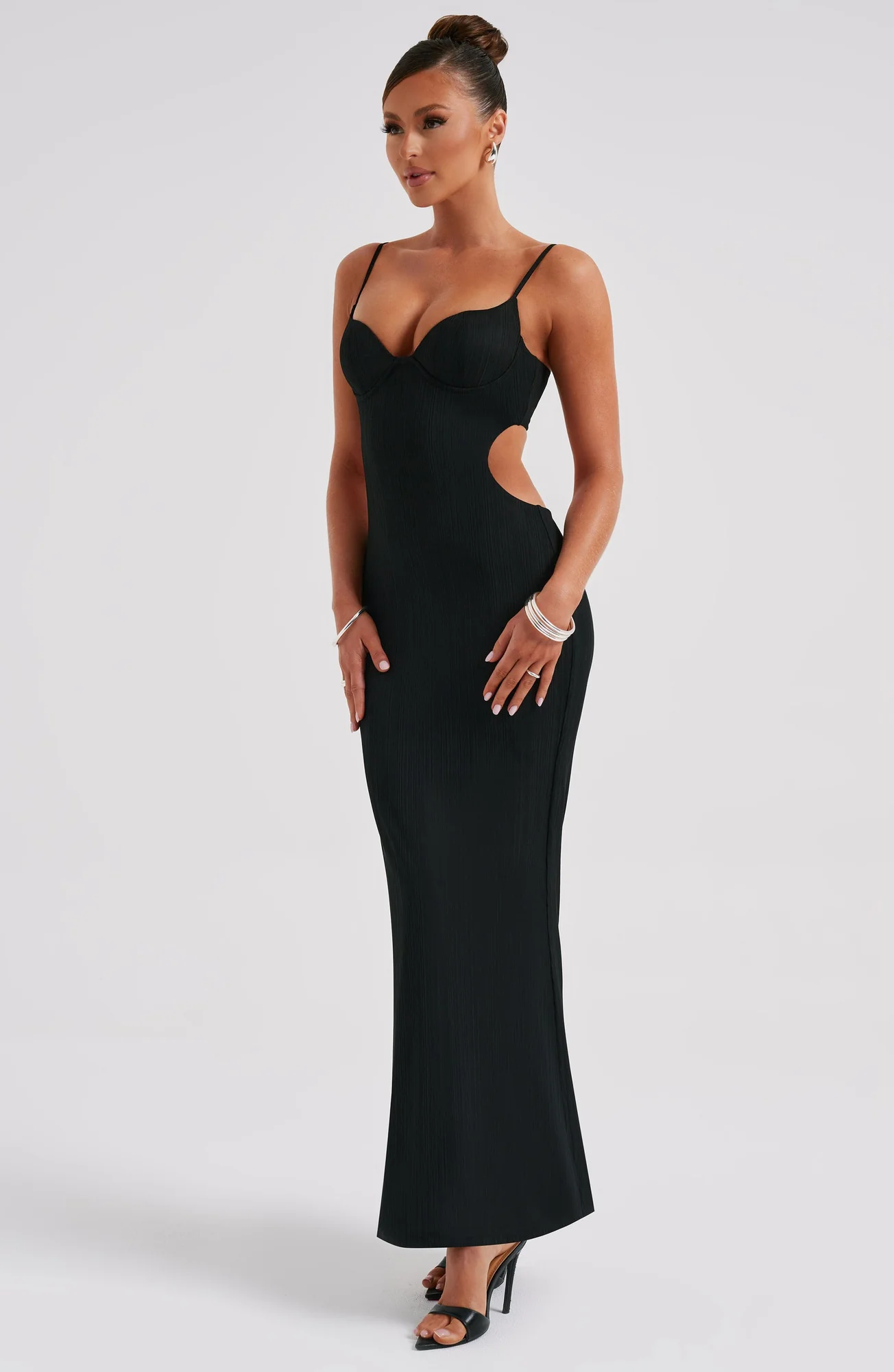 Black Ribbed Jersey Maxi Dress with Cut Out Details