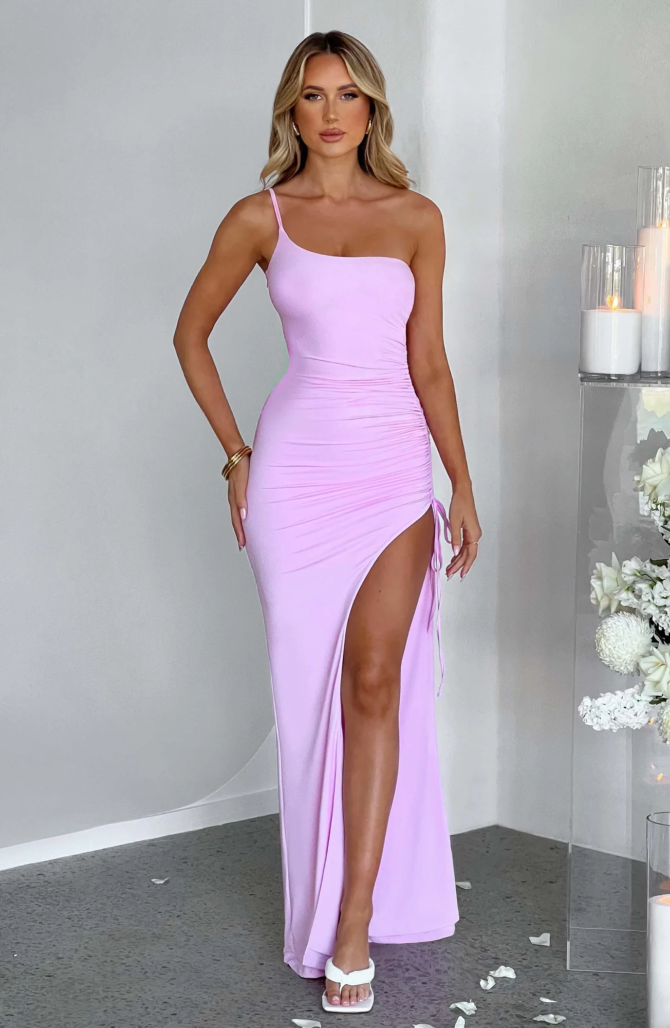 Pink One-Shoulder Maxi Dress with Thigh High Split