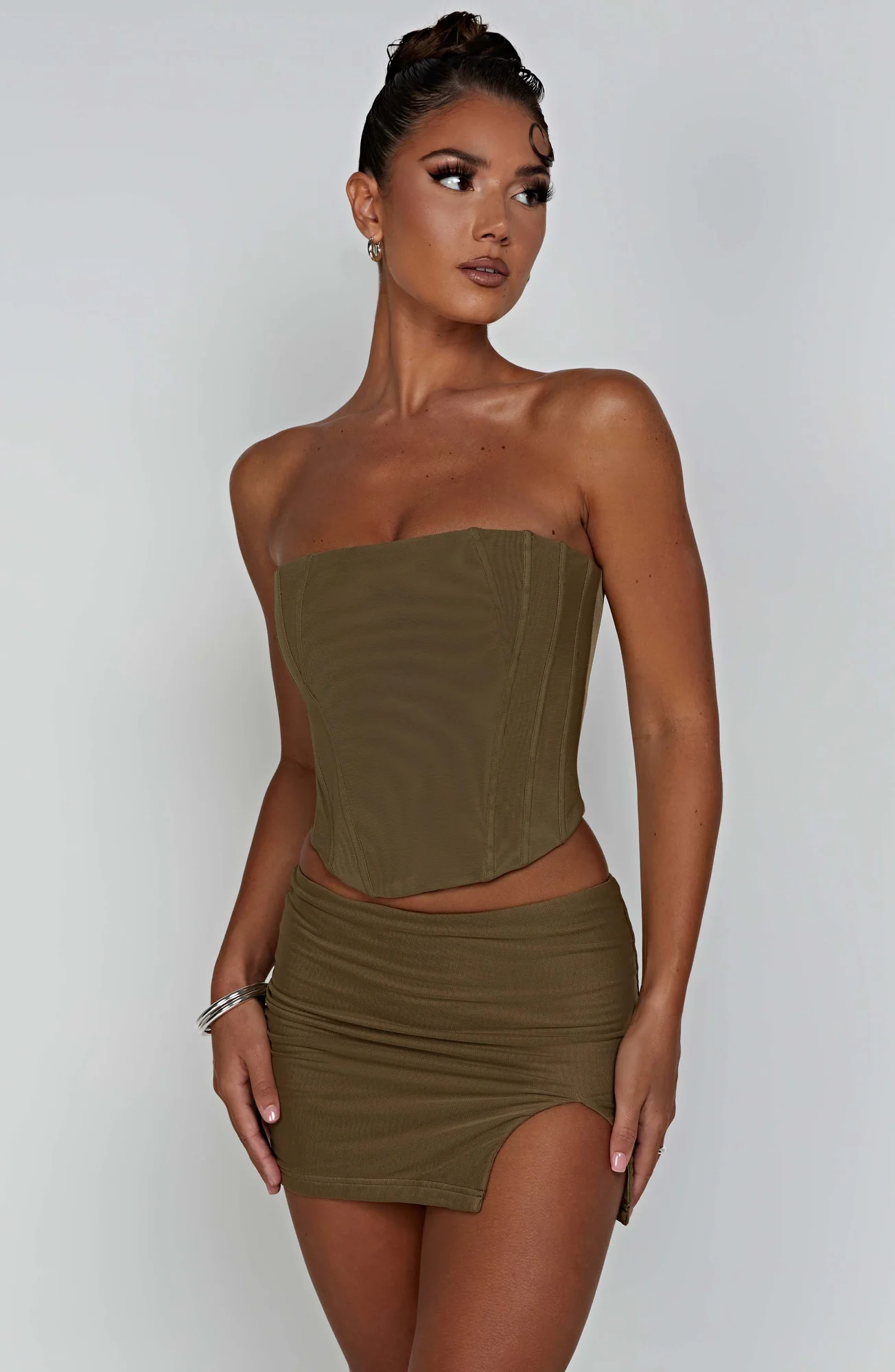 Khaki Jersey Mini Skirt with Split Detail - Low Waist Style