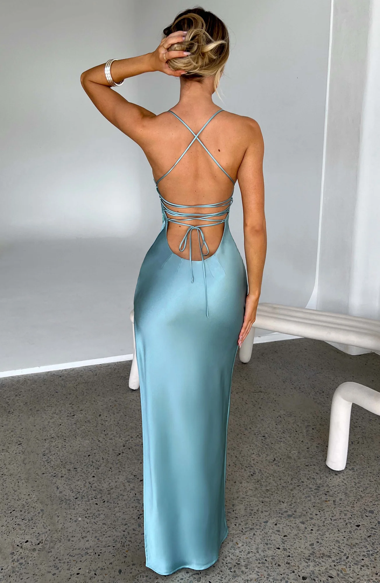 Turquoise Satin Strapless Maxi Dress - Elegant Evening Wear