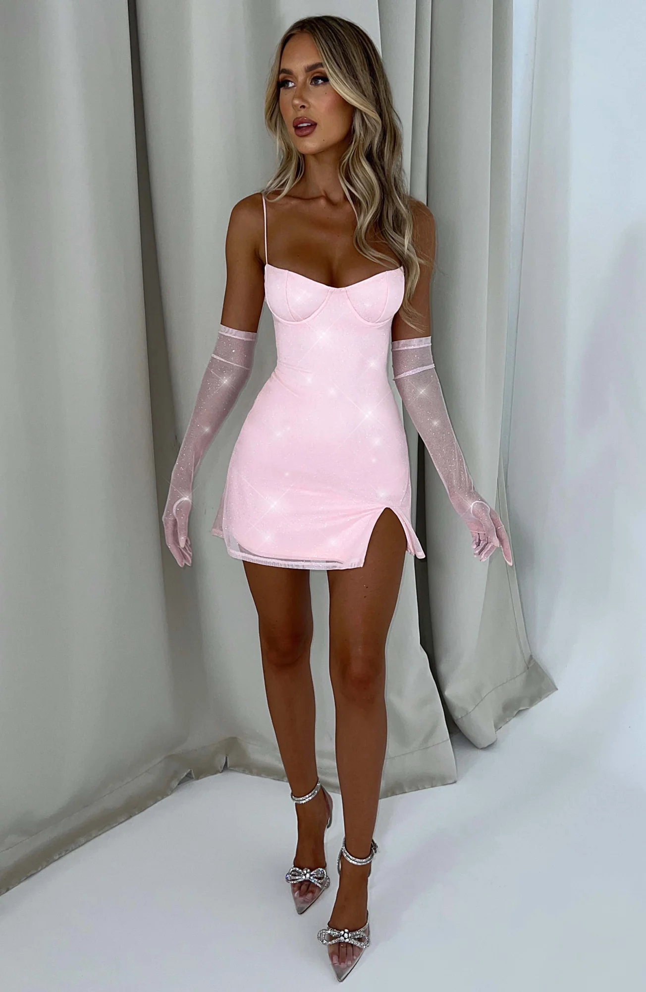 Pink Sparkle Mesh Mini Dress - Underwired Cups & Leg Split