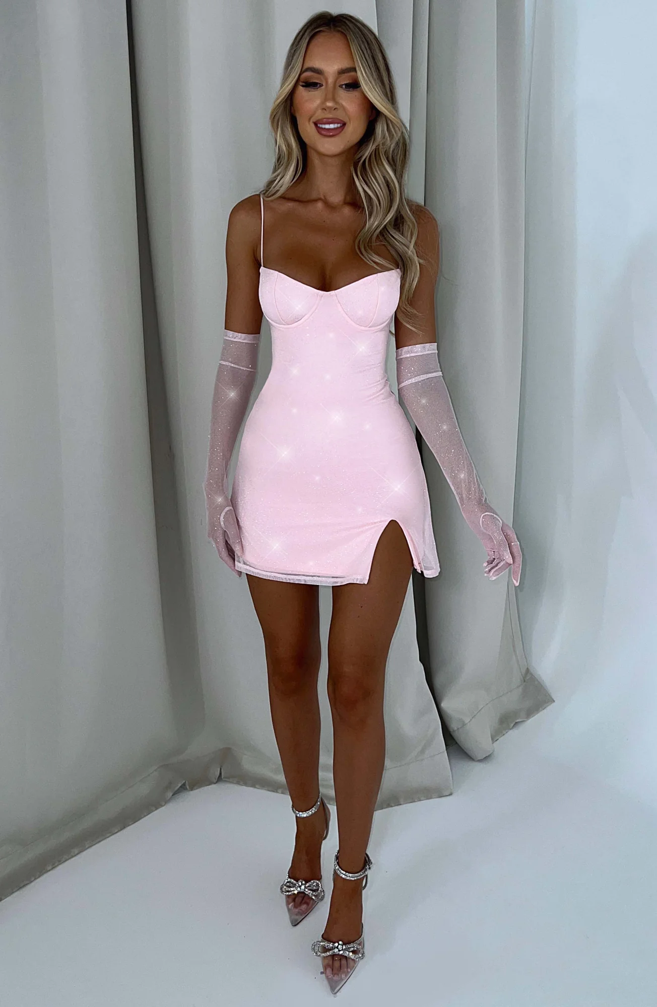 Pink Sparkle Mesh Mini Dress - Underwired Cups & Leg Split