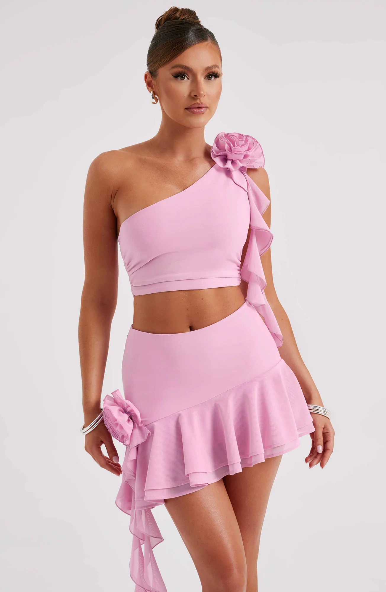 Pink Asymmetric Mini Skirt - High-Waisted Corsage Detail Dress