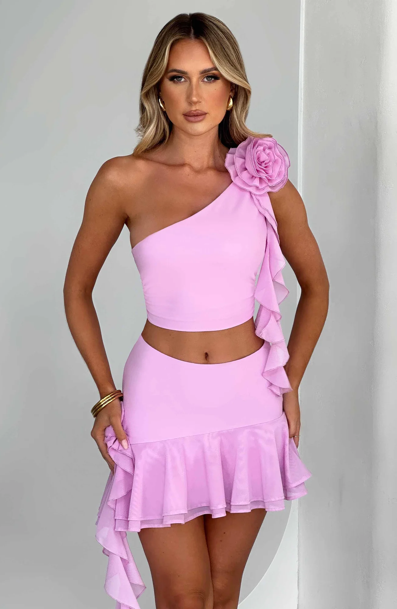 Pink Asymmetric Mini Skirt - High-Waisted Corsage Detail Dress