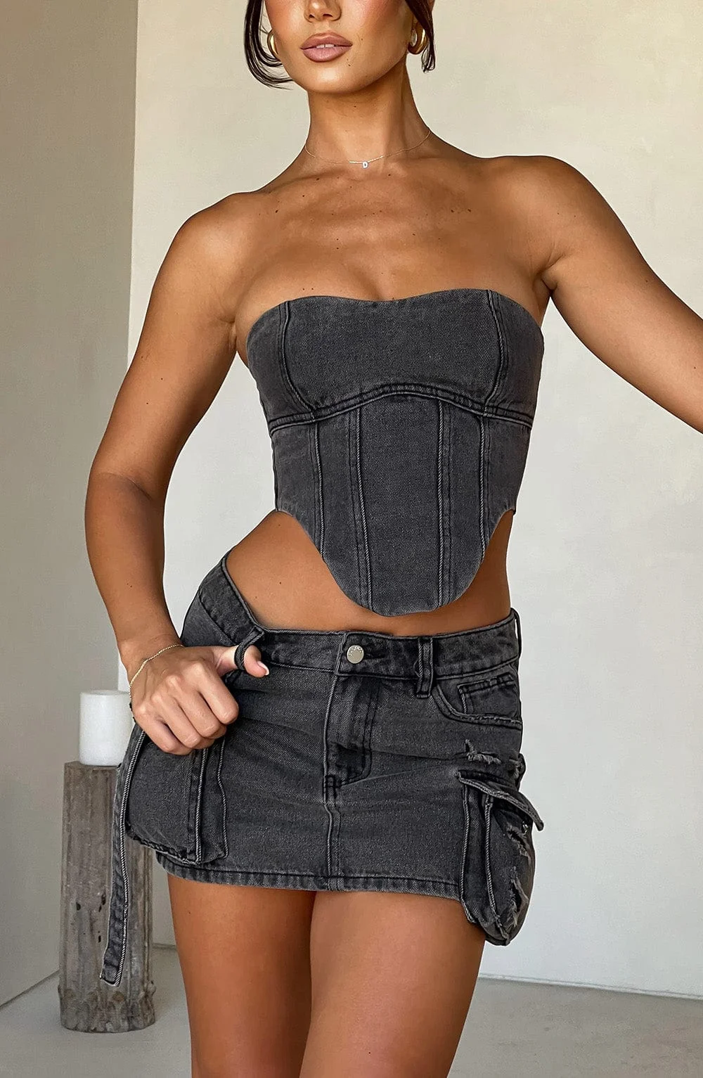 Black Denim Corset Top | Sleek Cinched Fit XS-XXL - Yasie Collection